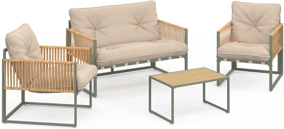 IDMarket - Rio - salon bas 4 places métal vert, cordage rotin, coussins beige