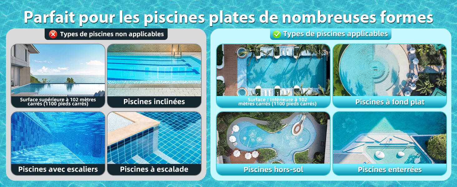 présentant différentes formes de piscines plates. Les images représentent différents modèles de piscines, notamment des configurations rectangulaires, de forme libre et en forme de L.