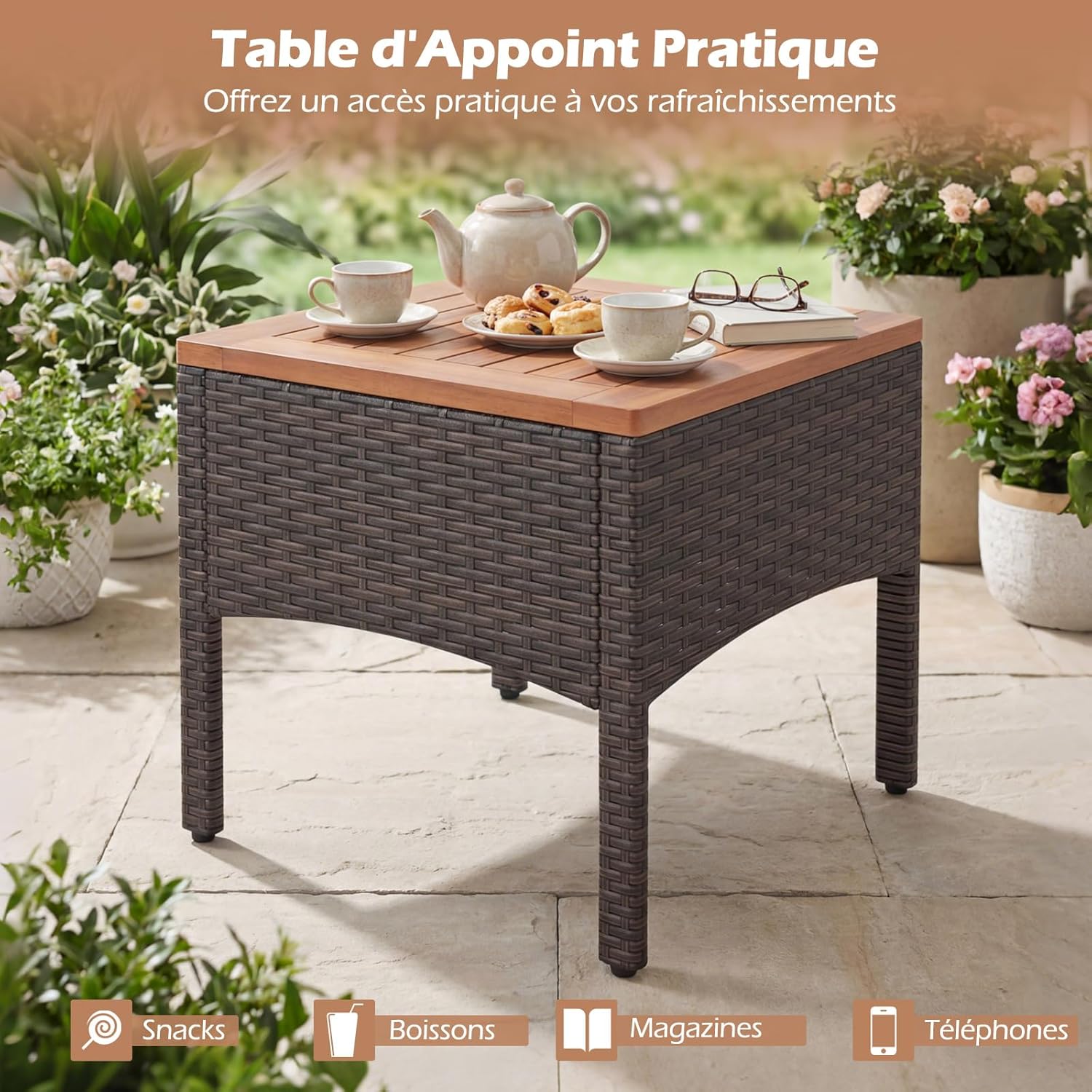 Costway - Salon de jardin 5 pcs - Acacia - Rotin beige, coussins épais