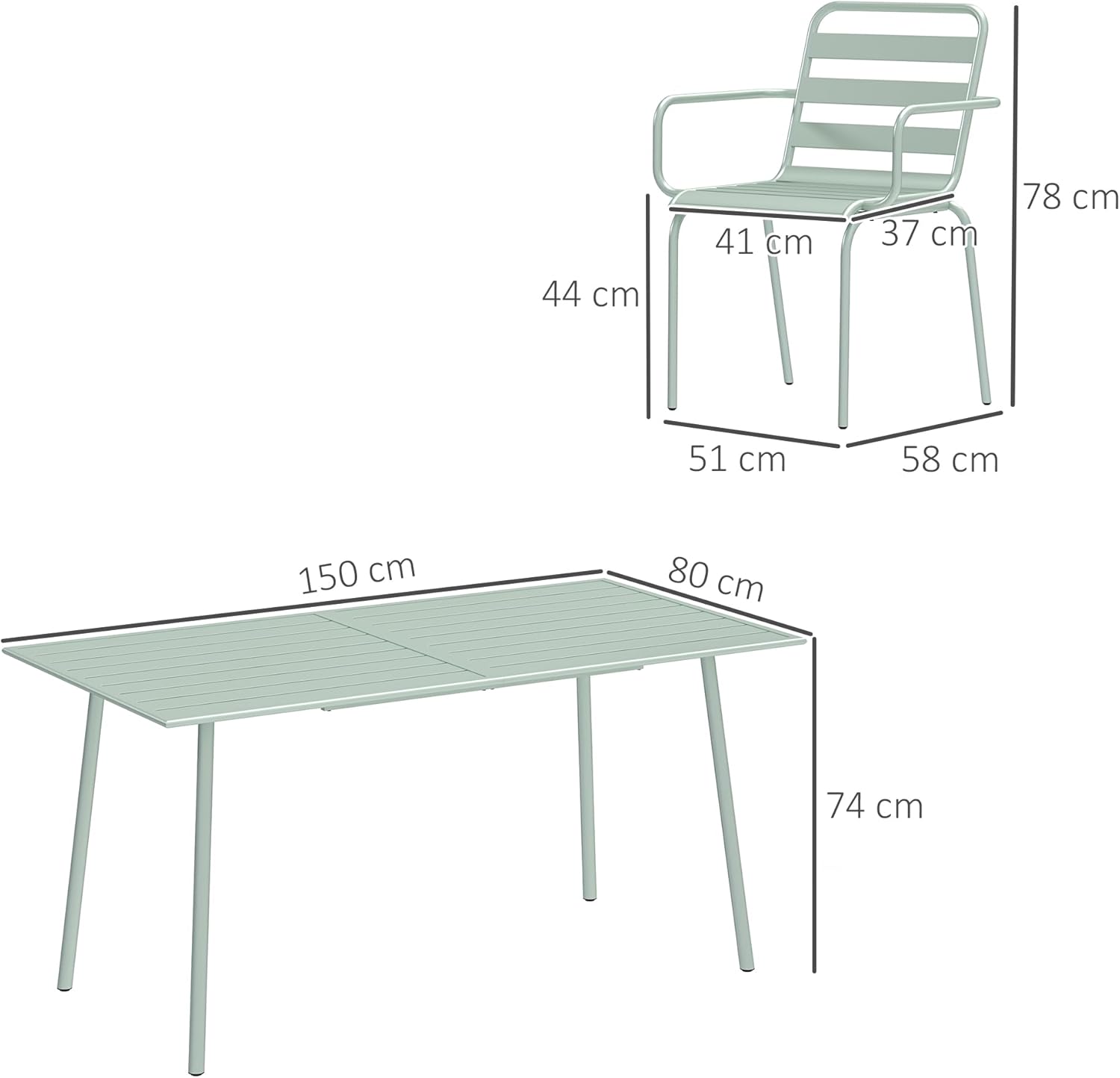 Outsunny - Salon de jardin 7 pièces - Table + 6 chaises acier vert clair - Empilables, extérieur