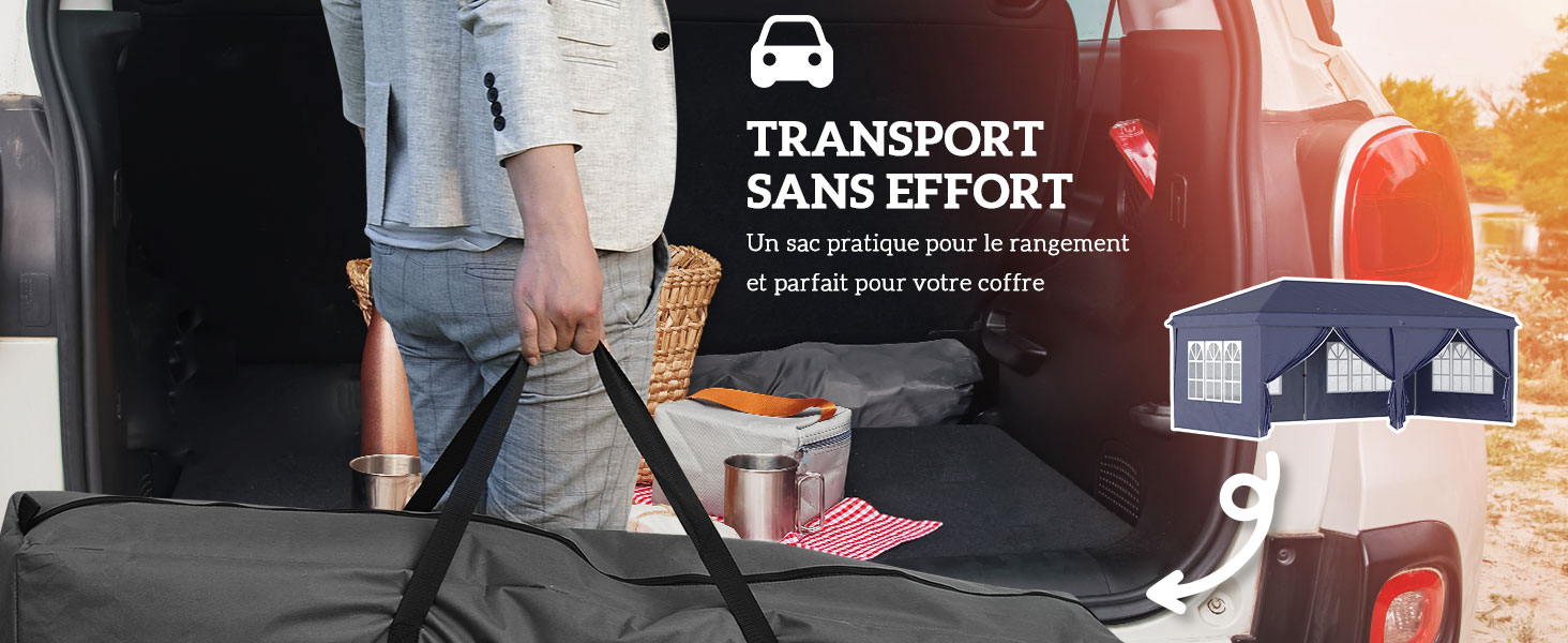 Chariot pliable chargé d'articles de pique-n----. Le texte indique « Transport sans effort » (Transport sans effort). Comprend l'icône de la voiture et l'illustration de la maison.