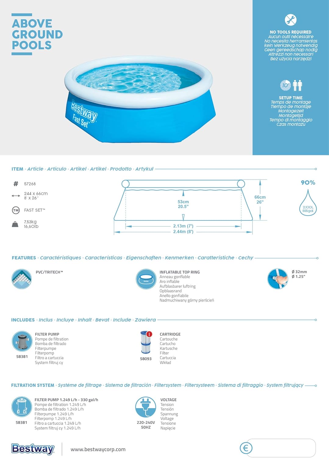 Bestway Kit de piscine Bleu 244 x 244 x 66 cm 2300 L 57268