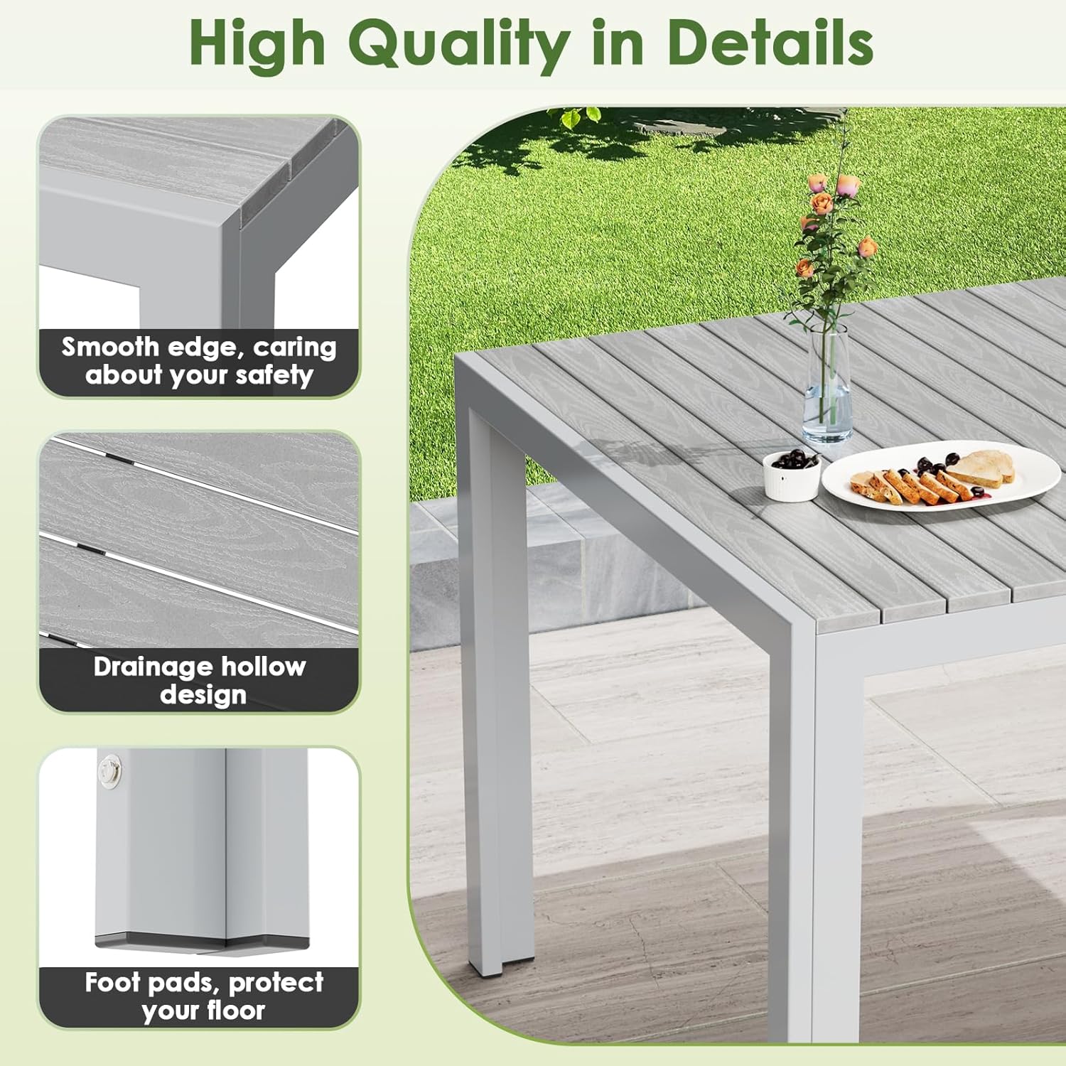 LIFERUN - table rectangulaire aluminium 140x90x75cm 6 pers gris