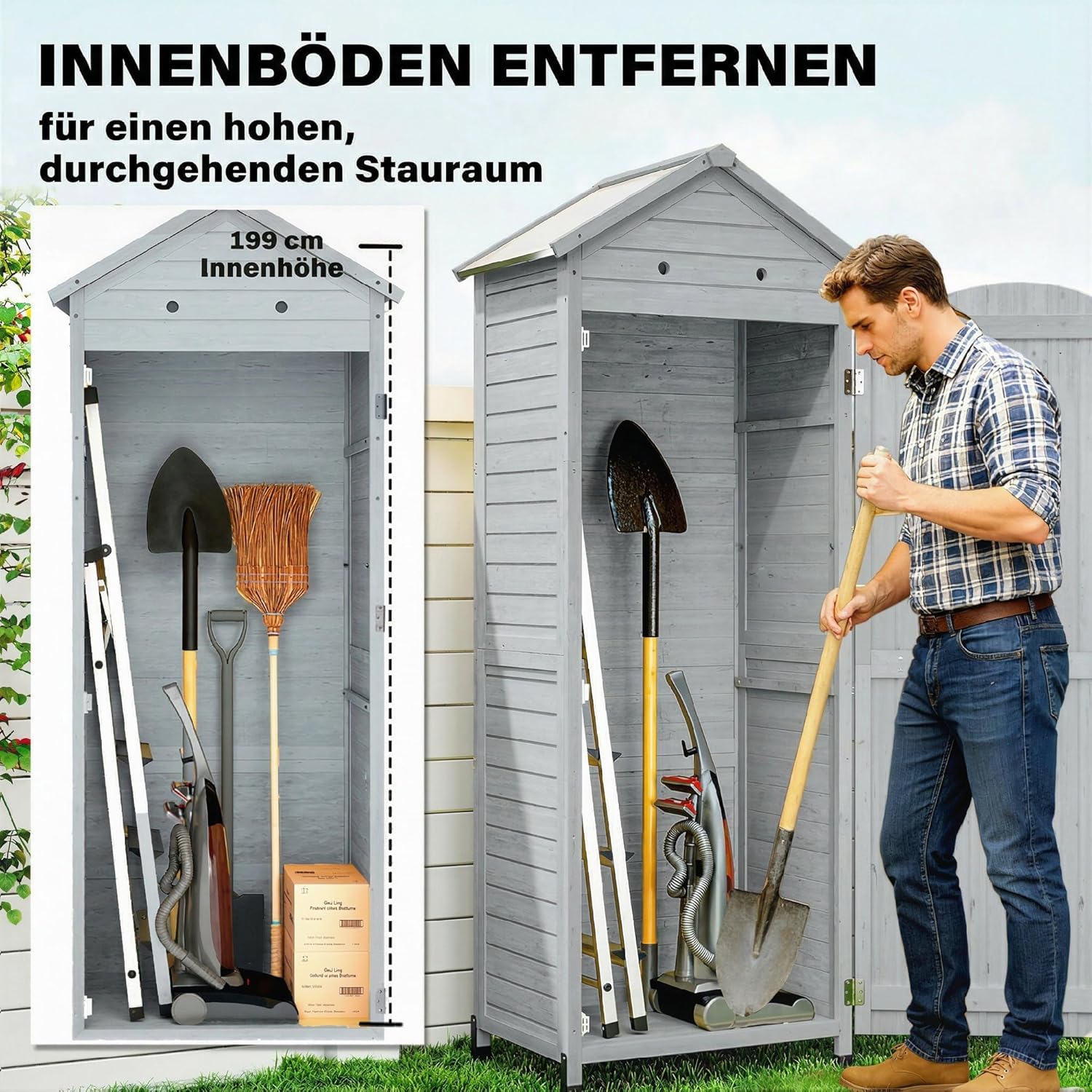 Outsunny - abri de jardin extra haut bois, 85x58x213 cm, étagère, porte galvanisée, ventilation