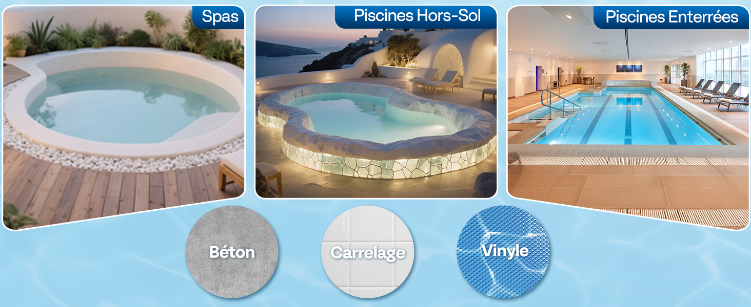 Série d'images connectées montrant diverses piscines et installations de spa, comprenant des piscines intérieures et extérieures aux eaux bleues et des équipements modernes.