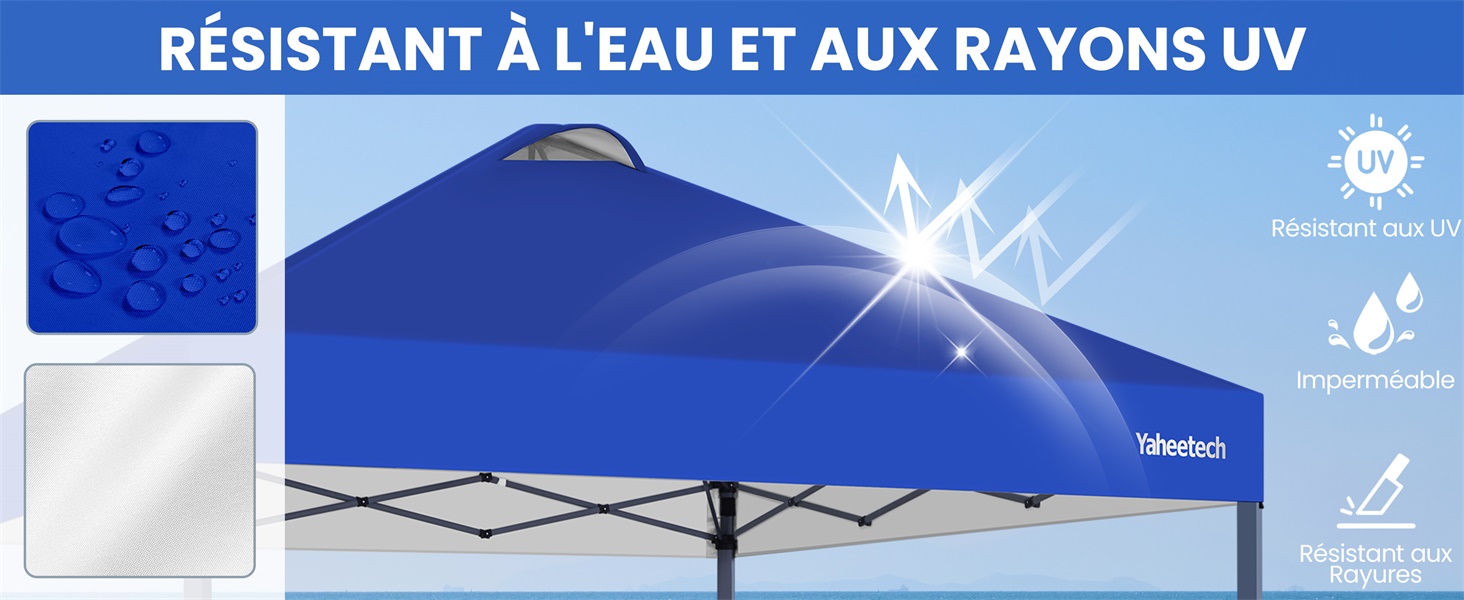 avec caractéristiques de résistance à l'eau et de protection contre les UV. L'image montre des gouttelettes d'eau perlant sur le tissu et les rayons du soleil rebondissant. Le texte indique qu'il est imperméable et résistant aux UV