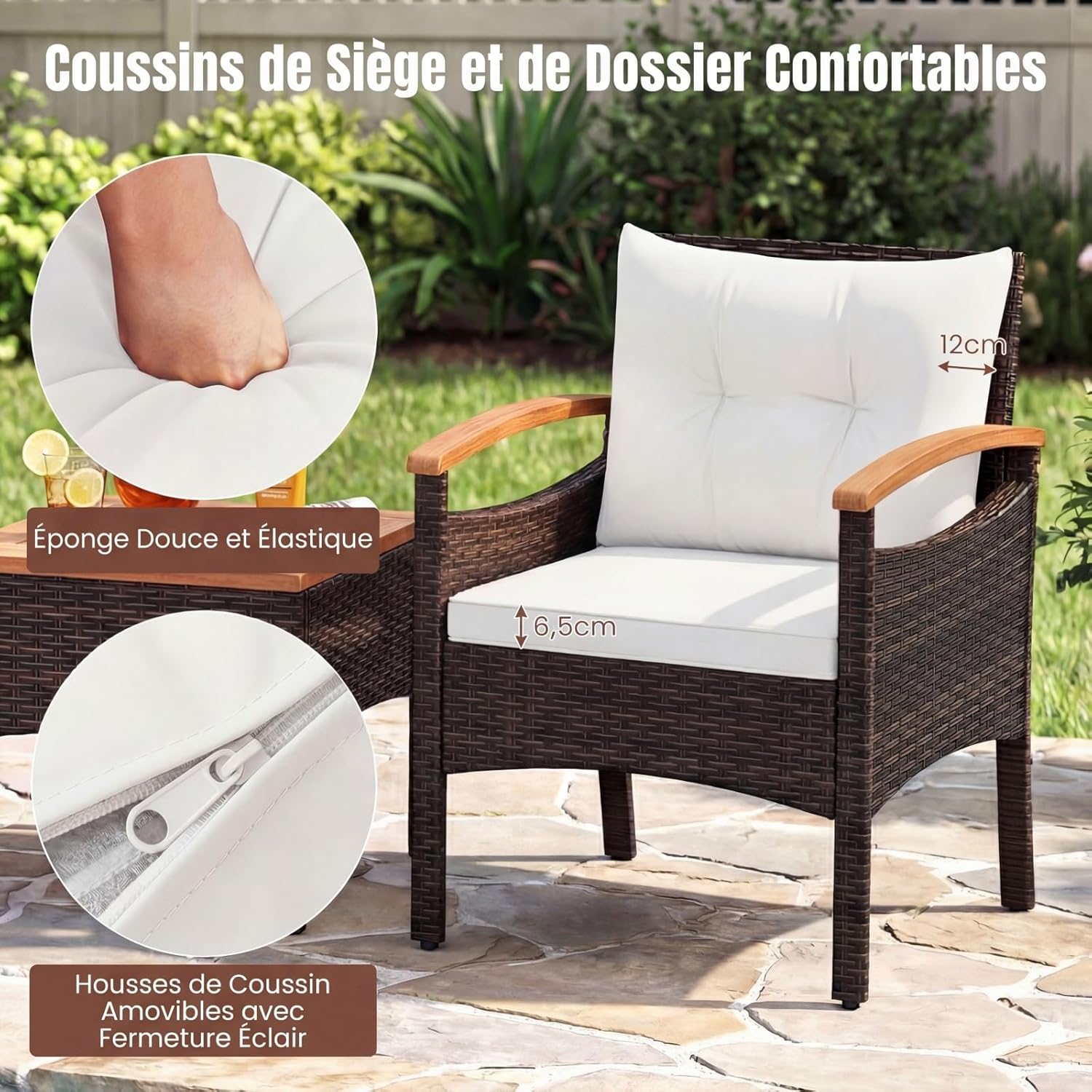COSTWAY - salon de jardin 3 pièces - rotin PE, coussins amovibles, table en bois d'acacia