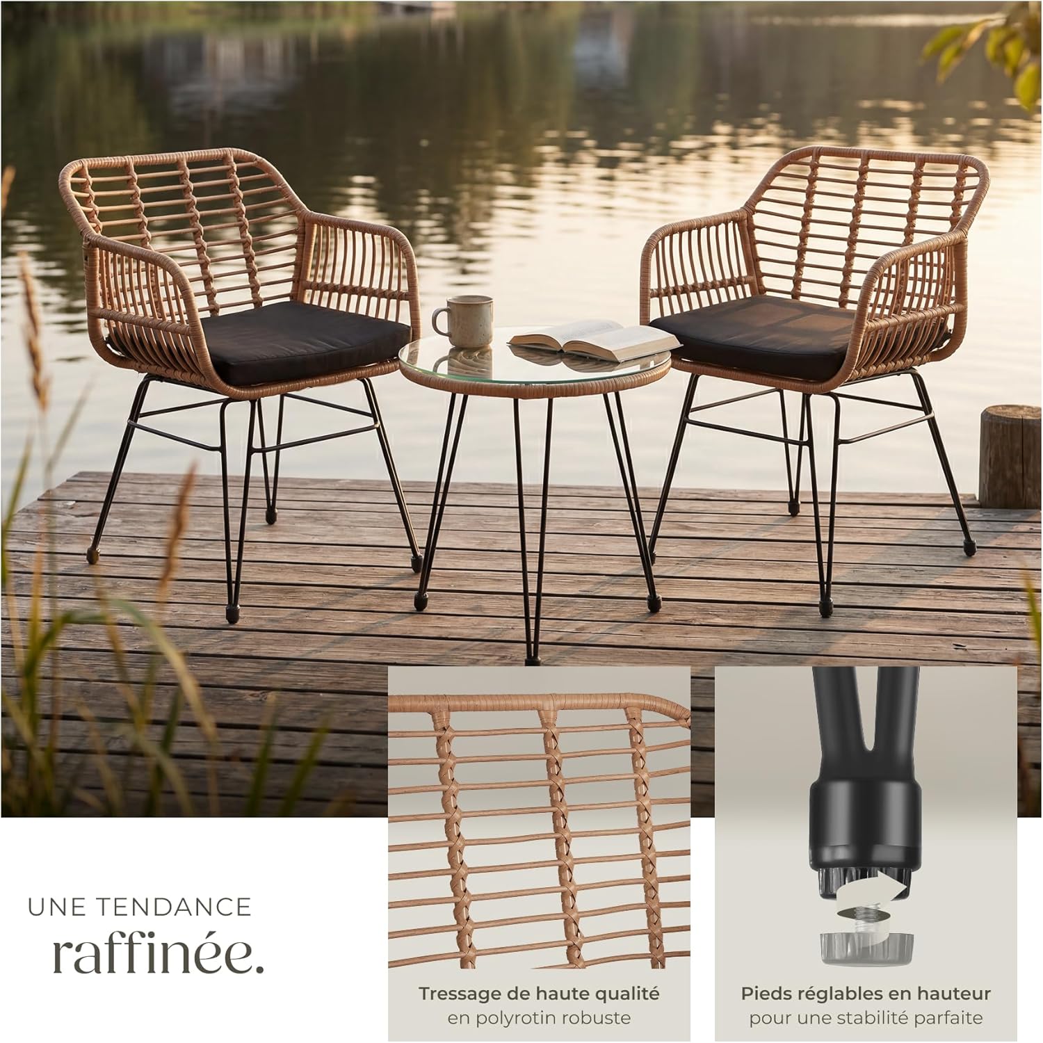 tectake - salon de jardin 3 pcs - fauteuils + table verre, coussins amovibles, extérieur balcons