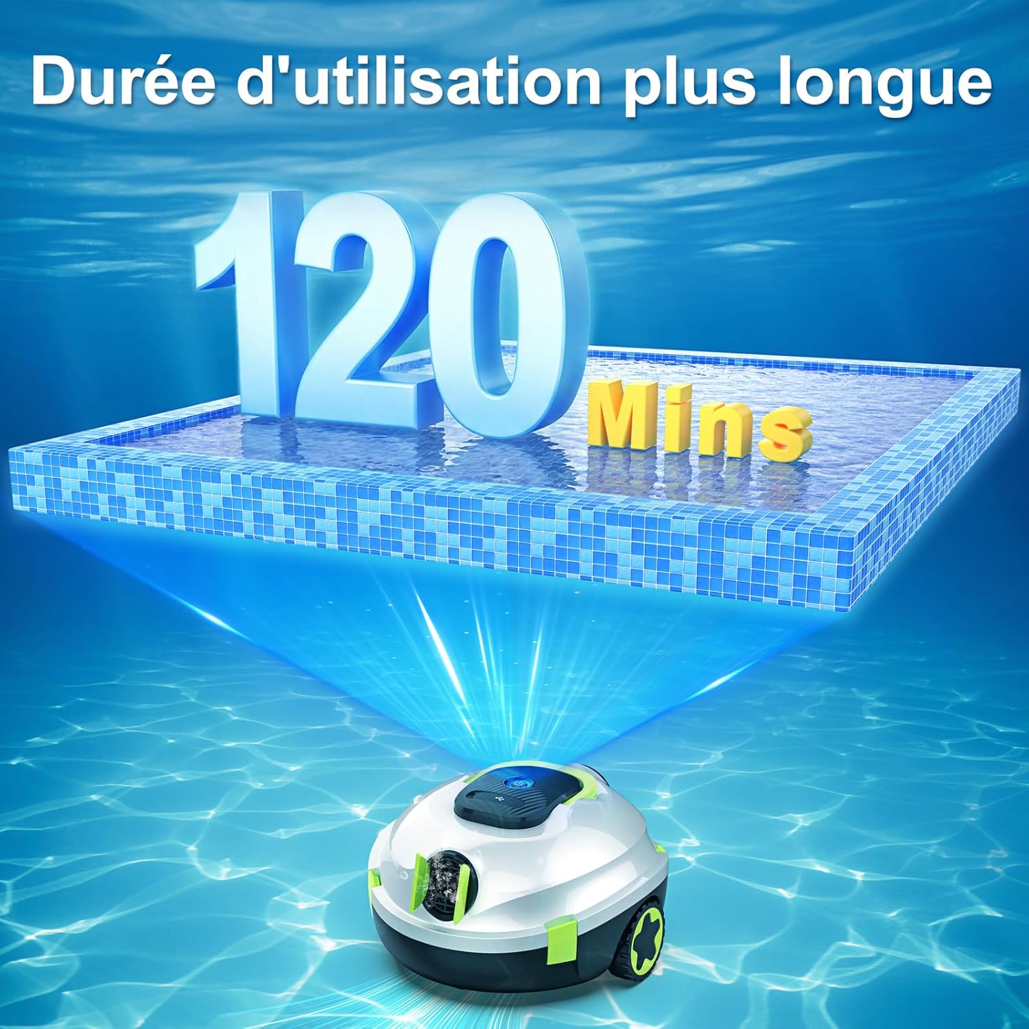 MEDOXA Robot de Piscine sans Fil, aspirateur de Piscine Automatique, 120 Minutes d'autonomie, stationnement Automatique, léger, Puissant Robot pour Piscine Hors-Sol/enterrée jusqu'à 110 ㎡(blancvert)