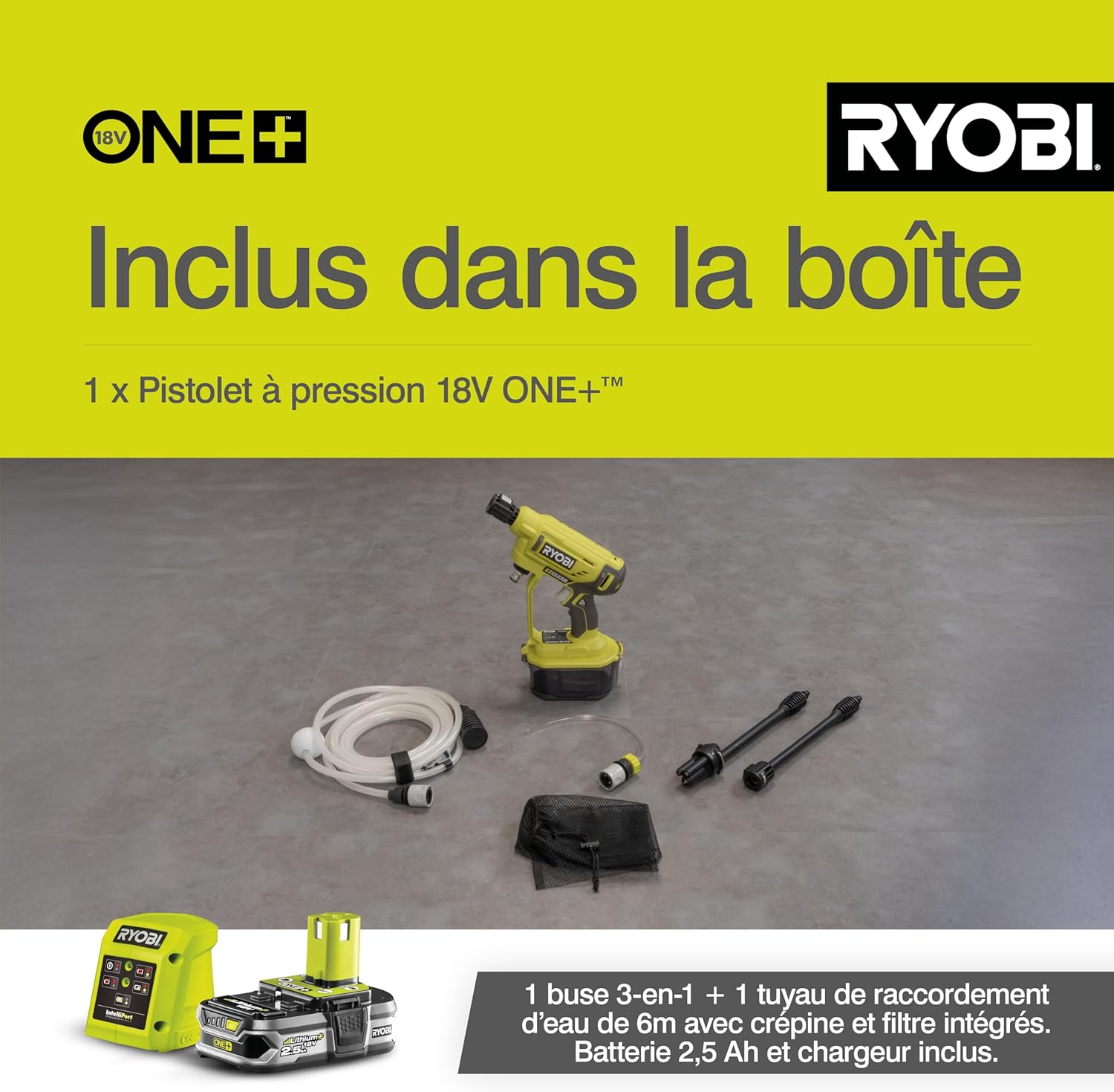 Ryobi - pistolet haute pression 18V One+, 22 bar, léger, 2.5Ah, RY18PW22A-125
