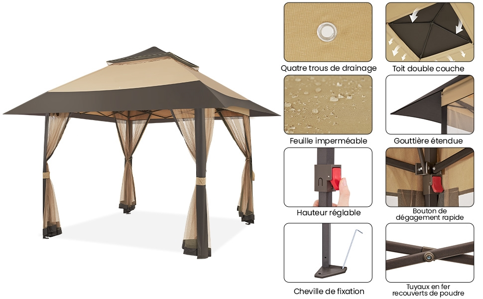 avec tissu beige et cadre marron. Les caractéristiques comprennent un tissu imperméable, une hauteur réglable et des piquets métalliques pour plus de stabilité. Les images détaillées montrent des composants spécifiques.