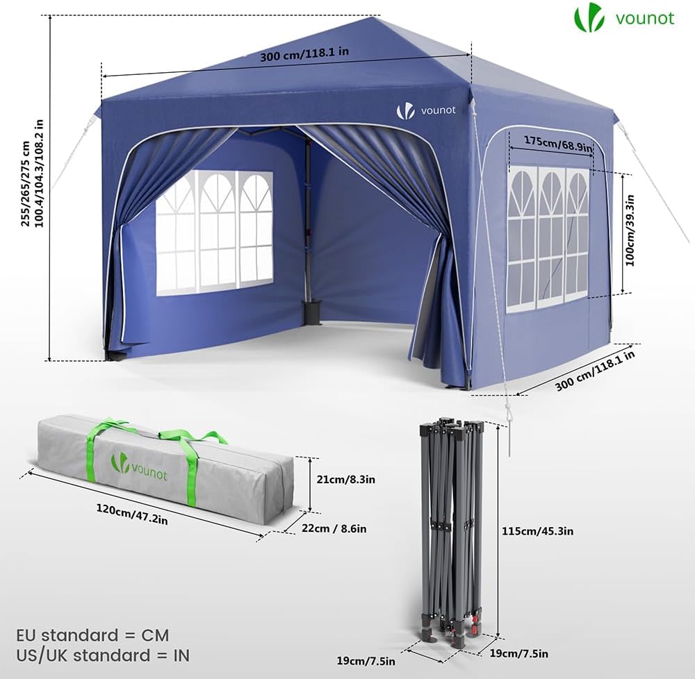 VOUNOT - tonnelle pliable série jardin - 3x3m - imperméable, anti-UV, réglable, sac.