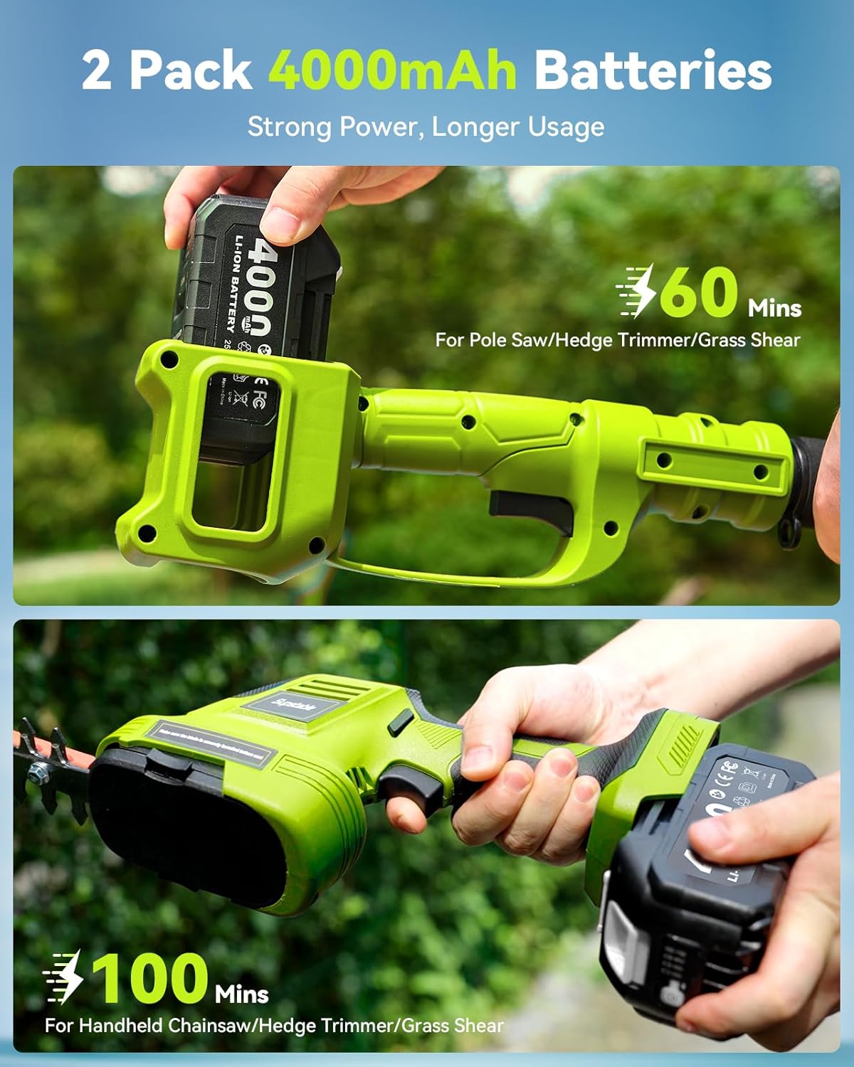 Supstable - Kit de jardin 6-en-1 sans fil 4,57 m - mini tronçonneuse, taille-haie, élagueuse, 2x4000mAh