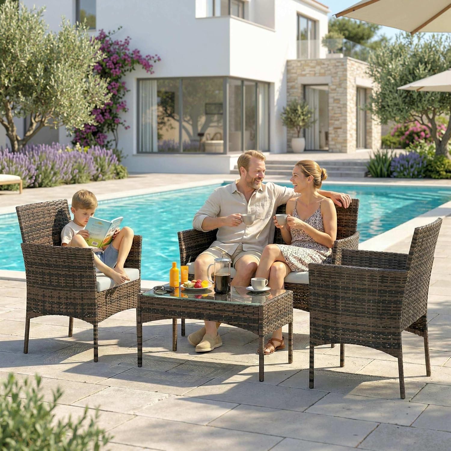 Outsunny - Salon jardin 4 personnes - canapés, table verre, coussins déhoussables, résine tressée, beige