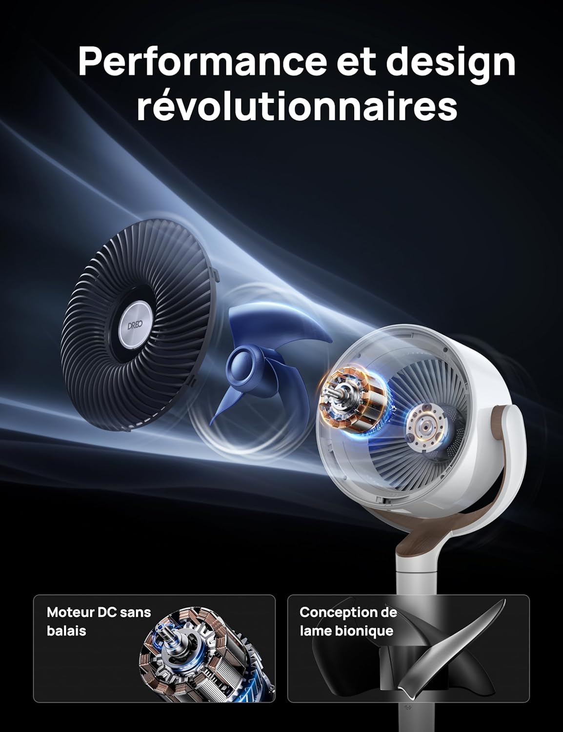 DREO ventilateur sur pied silencieux 20 dB avec oscillation omnidirectionnelle 120°+120°, portée du vent 26 m, débit d’air 1615 m³/h, circulateur Turbo, hauteur réglable 94–107 cm, 3 modes, 8 vitesses