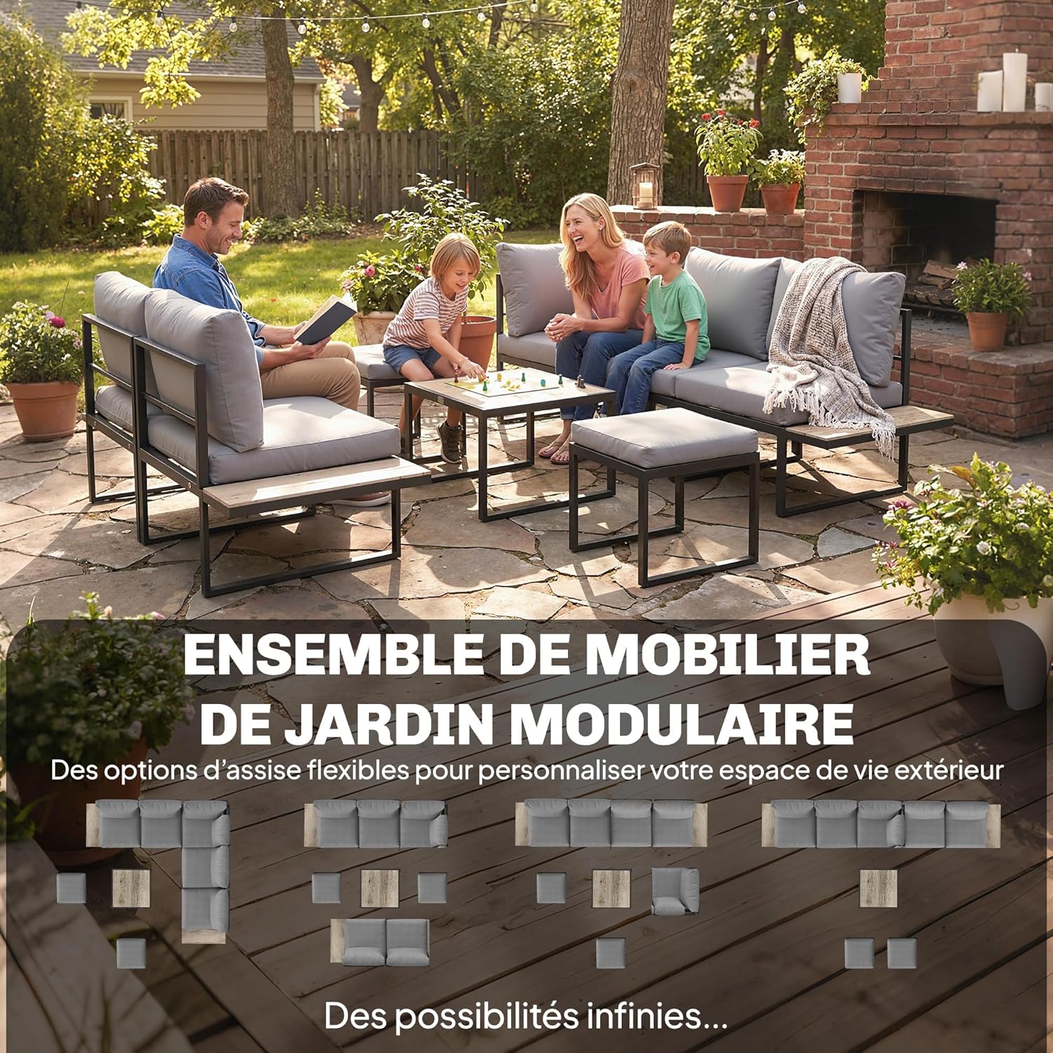 Outsunny - salon de jardin modulable 6 pers. - coussins 10cm, table PSPC