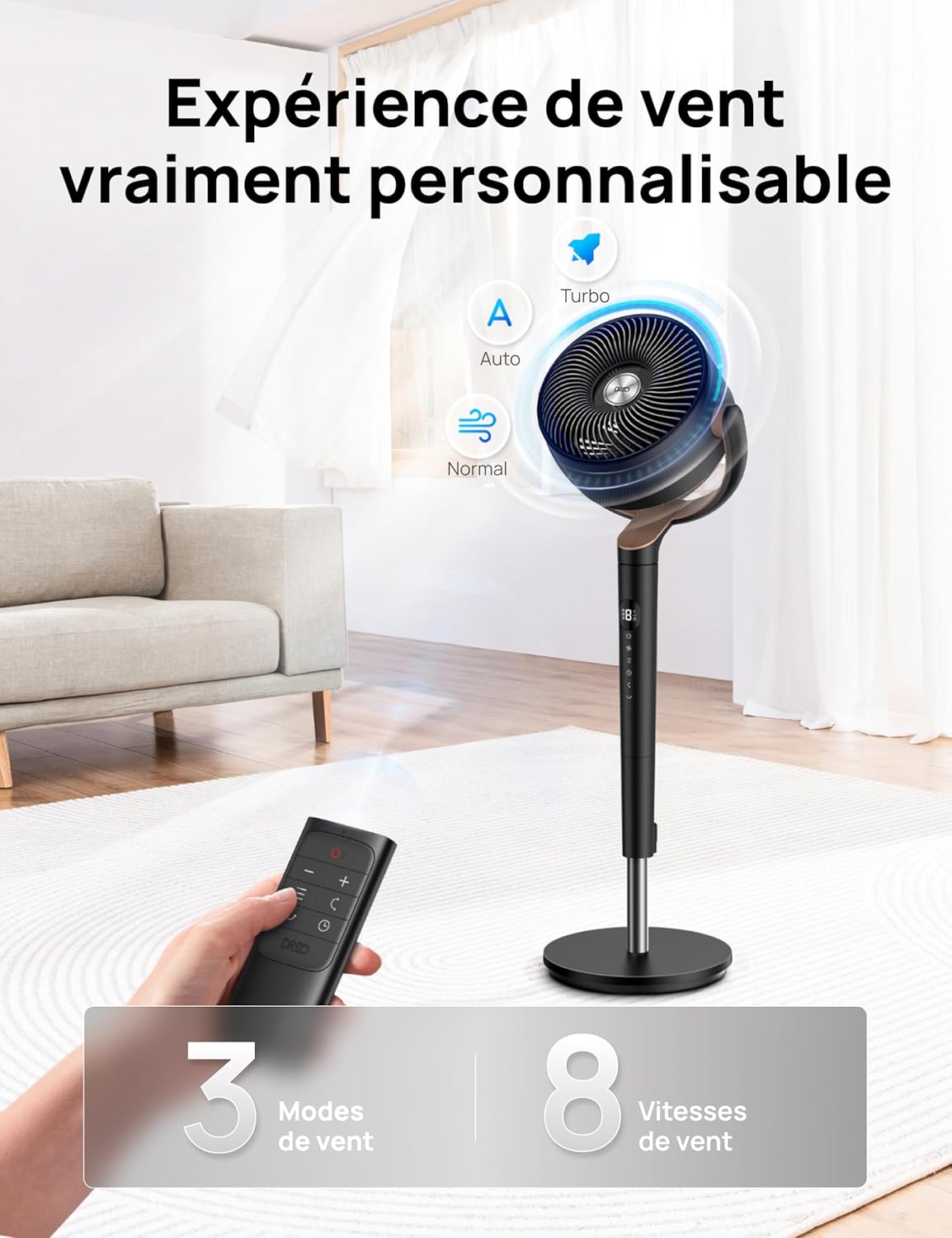 Dreo - ventilateur sur pied - 94-107 cm - 20 dB, oscillation 120°, portée 26 m