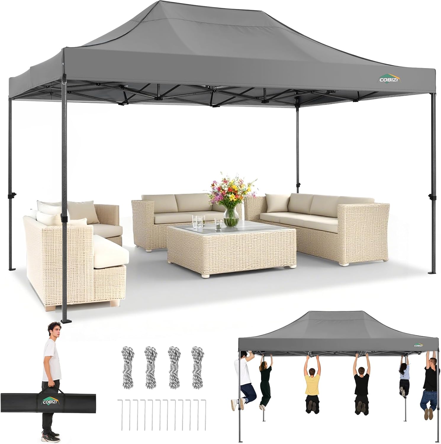 Tonnelle Pliante COBIZI 3x4.5m, étanche, stable, protection UV 50+ Gris - 3.0TB