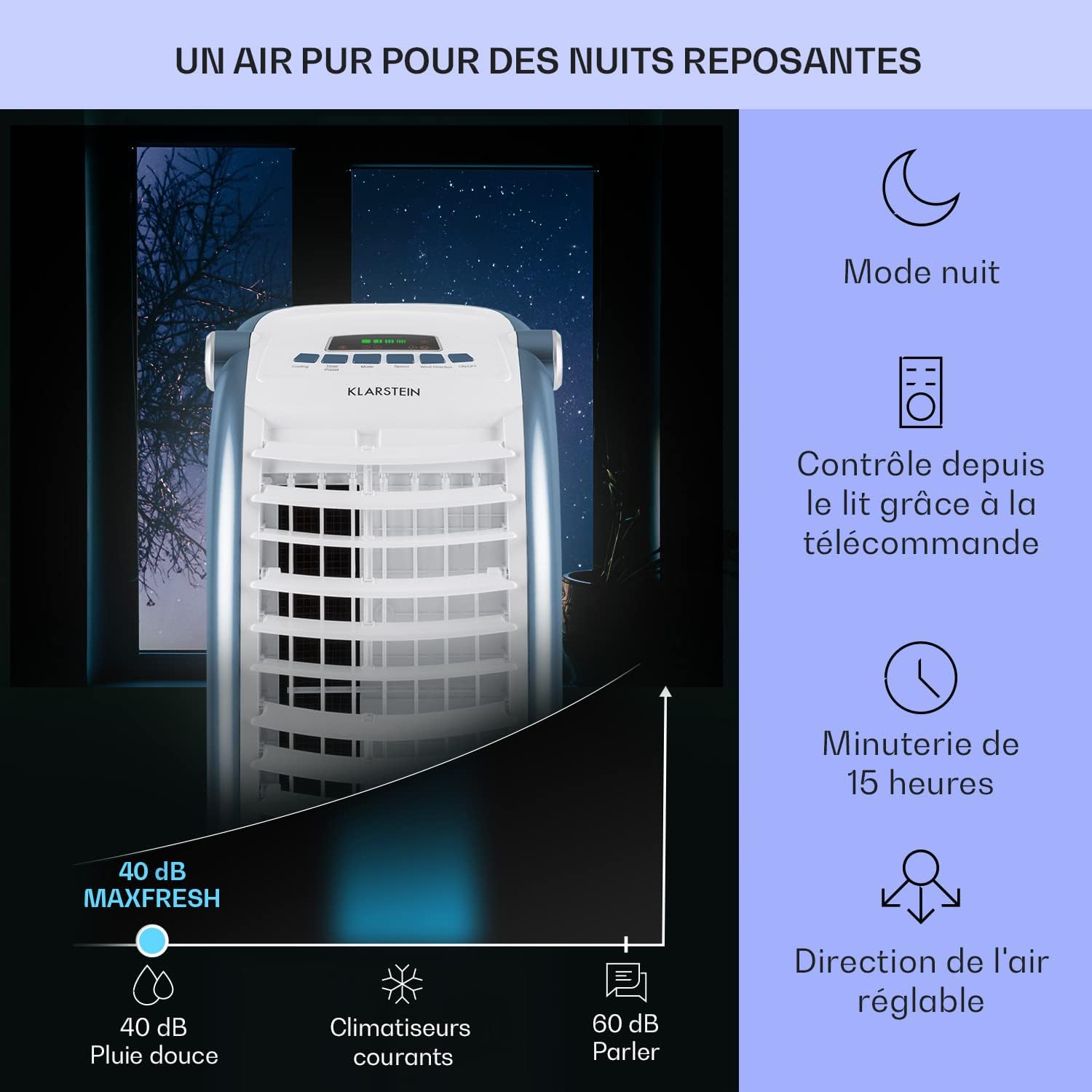 Klarstein Rafraichisseur d'Air 4 en 1, Climatiseur Portable, Humidificateur, Ventilateur, Ioniseur, Climatiseur Mobile Sans Évacuation, Pack Glacons, Réservoir 6L, 65W, Puissant Débit d'Air 444m³/h