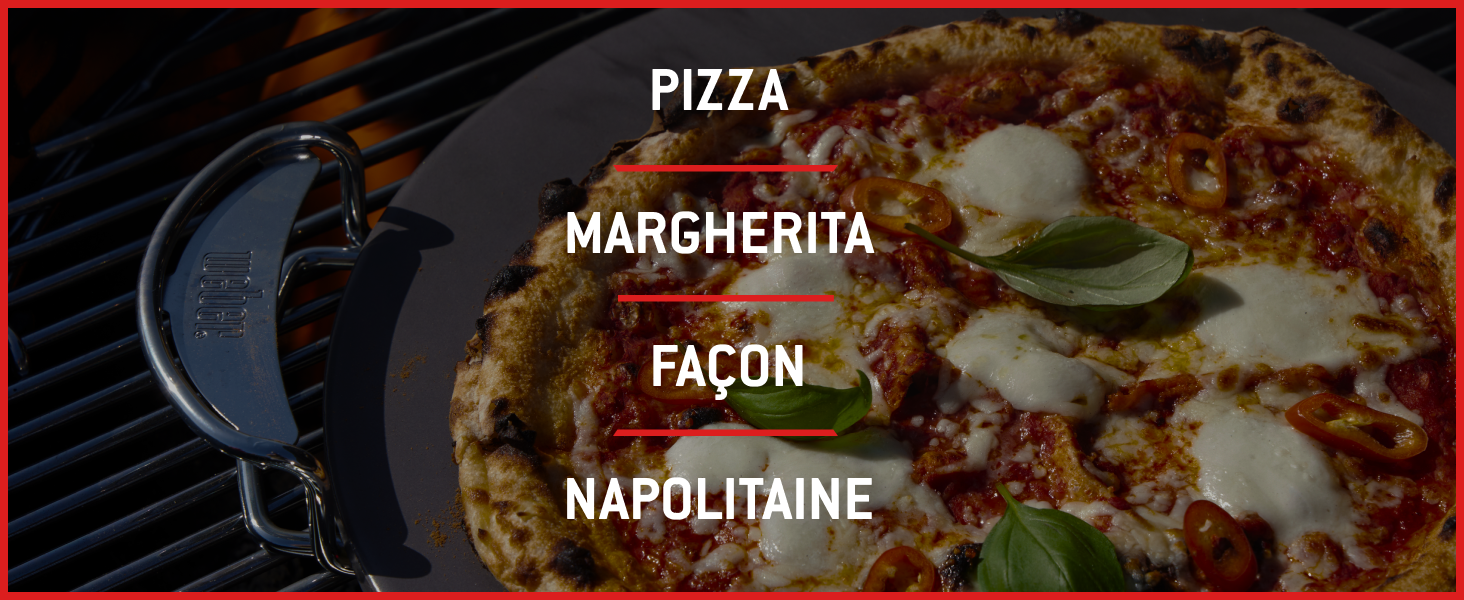 Le texte indique « PIZZA MARGHERITA », « FAÇON NAPOLITAINE ». Plans rapprochés d'une pizza au fromage fondu, à la sauce tomate et aux herbes, montrée à différents stades de préparation.