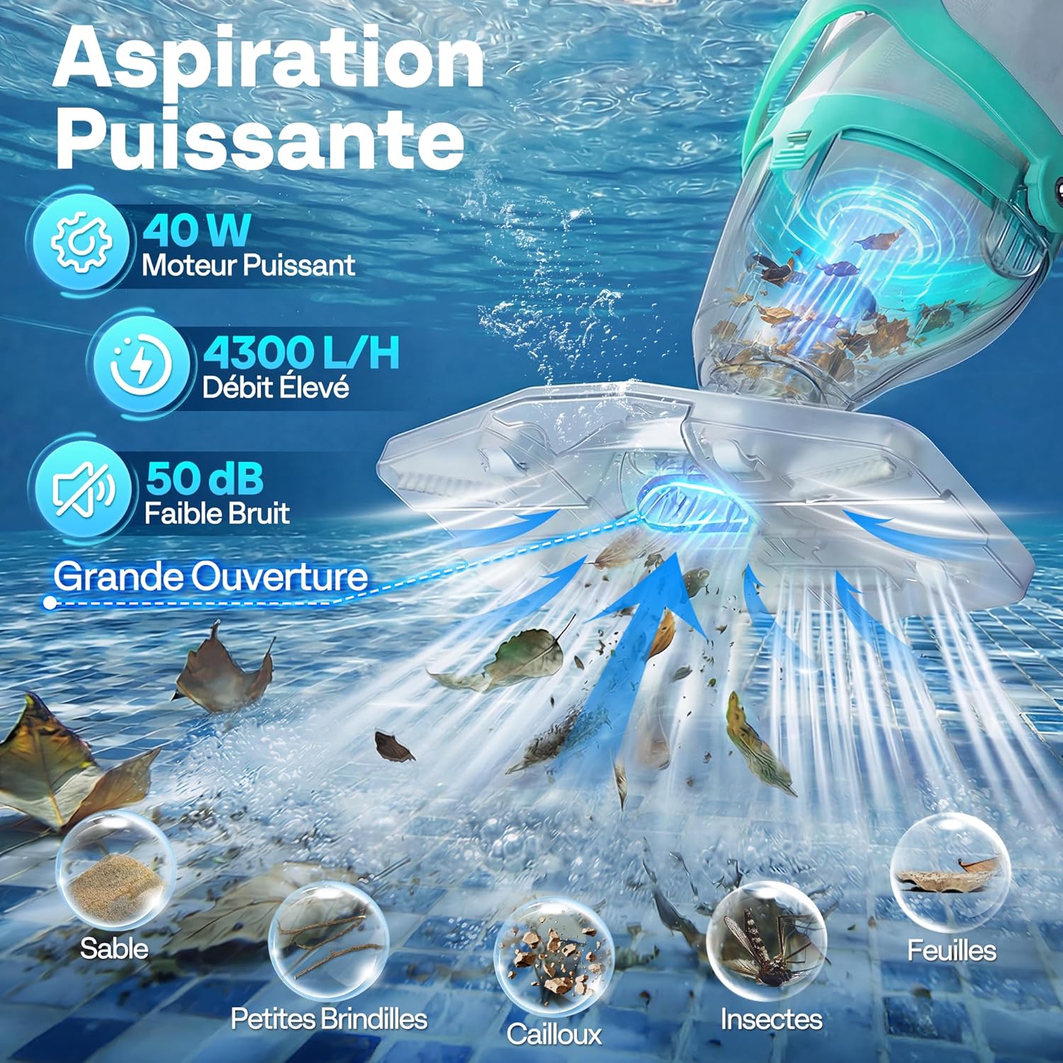 VIVOHOME - aspirateur de piscine sans fil 72LPM - batterie, 4 sacs filtrants, perche télescopique