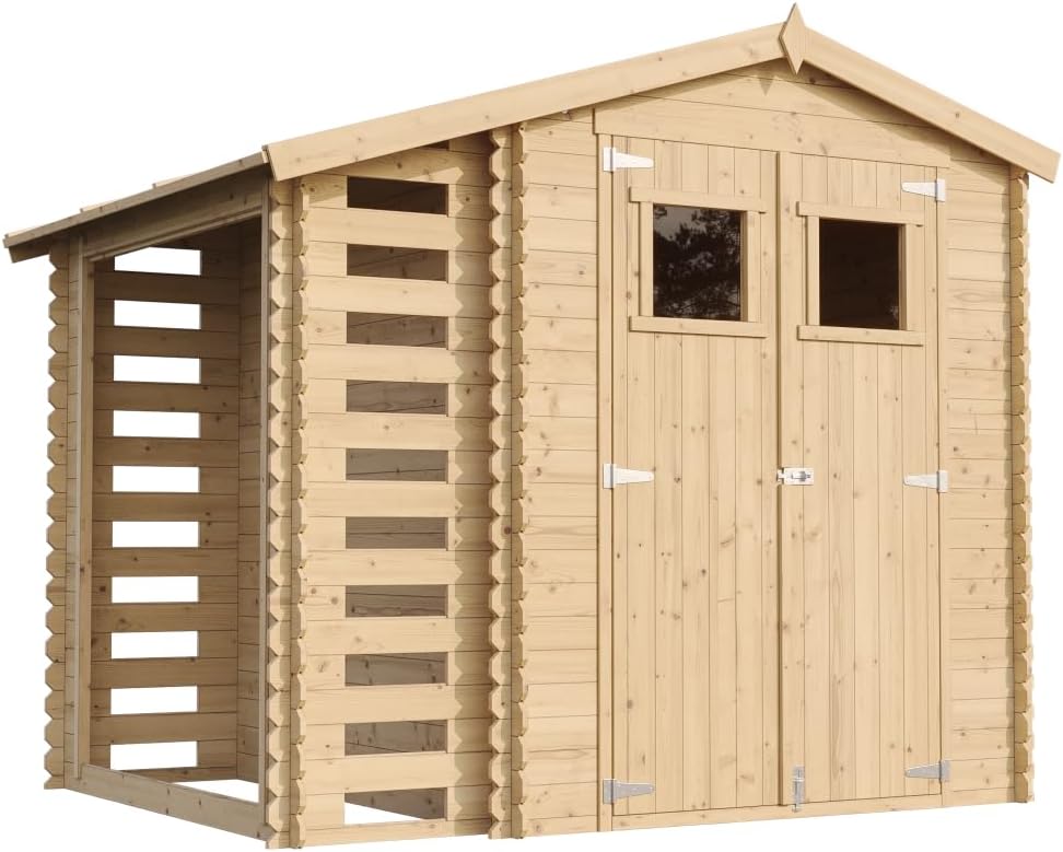 Abri de Jardin en Bois et Range bûches extérieur - Stockage extérieur I206xL272xH218 cm/ 3,53 + 0,97 m2 Petit abri à Outils, Local à vélos - TIMBELA M386