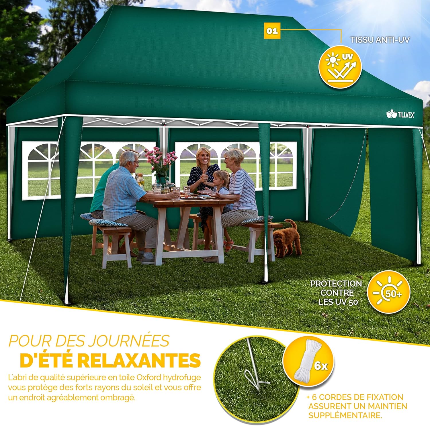 tillvex - Tonnelle pliable 3x6m - étanche, UV50+, panneaux latéraux