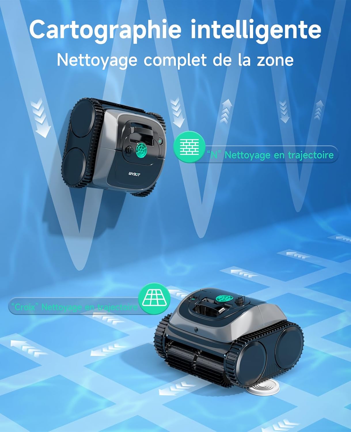 WYBOT C1 Robot Piscine Fond et Parois 150 Min Aspirateur Piscine avec Planification Intelligente des itinéraires, Nettoyage entièrement Automatique du Sol, 150m² Nettoyage Rapide(Vert Gris)