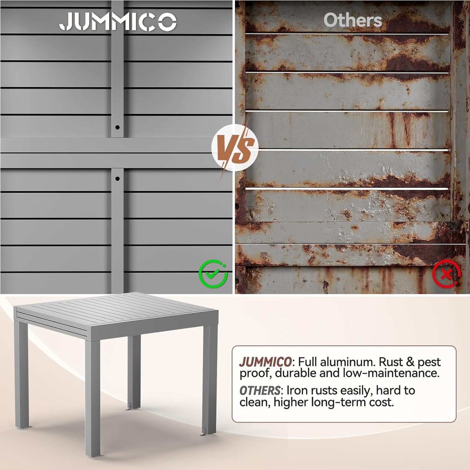JUMMICO - Table extensible 260x80cm - aluminium, résistante, facile à nettoyer