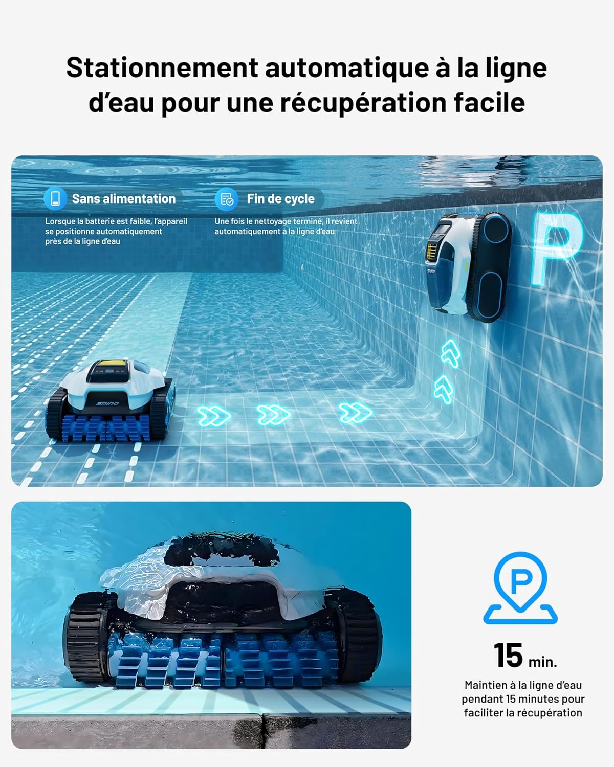 SPINO E1 Robot Piscine sans Fil, Autonomie de 210 Mins, 21950 LPH Max, 5 Modes Robot de Piscine, Nettoyage des Parois et de la Ligne d'eau, Contrôle par App, Trajet SmartArc, Idéal pour Piscines 150㎡