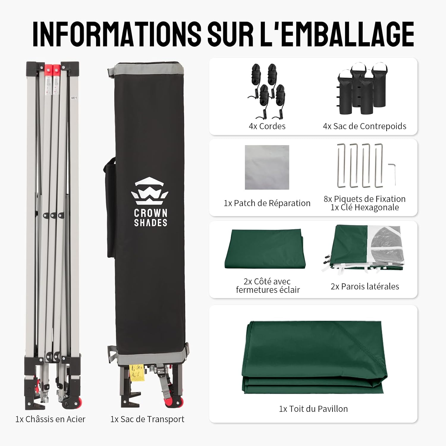 CROWN SHADES Tonnelle Pliante 3x3 Imperméable, Barnum Pliant de Jardin Exterieur, Pop-Up Gazebo avec Sac de Rangement, UPF 50+, avec 4 Parois Latérales Amovible, 4 Sac de Sable, Vert Forêt
