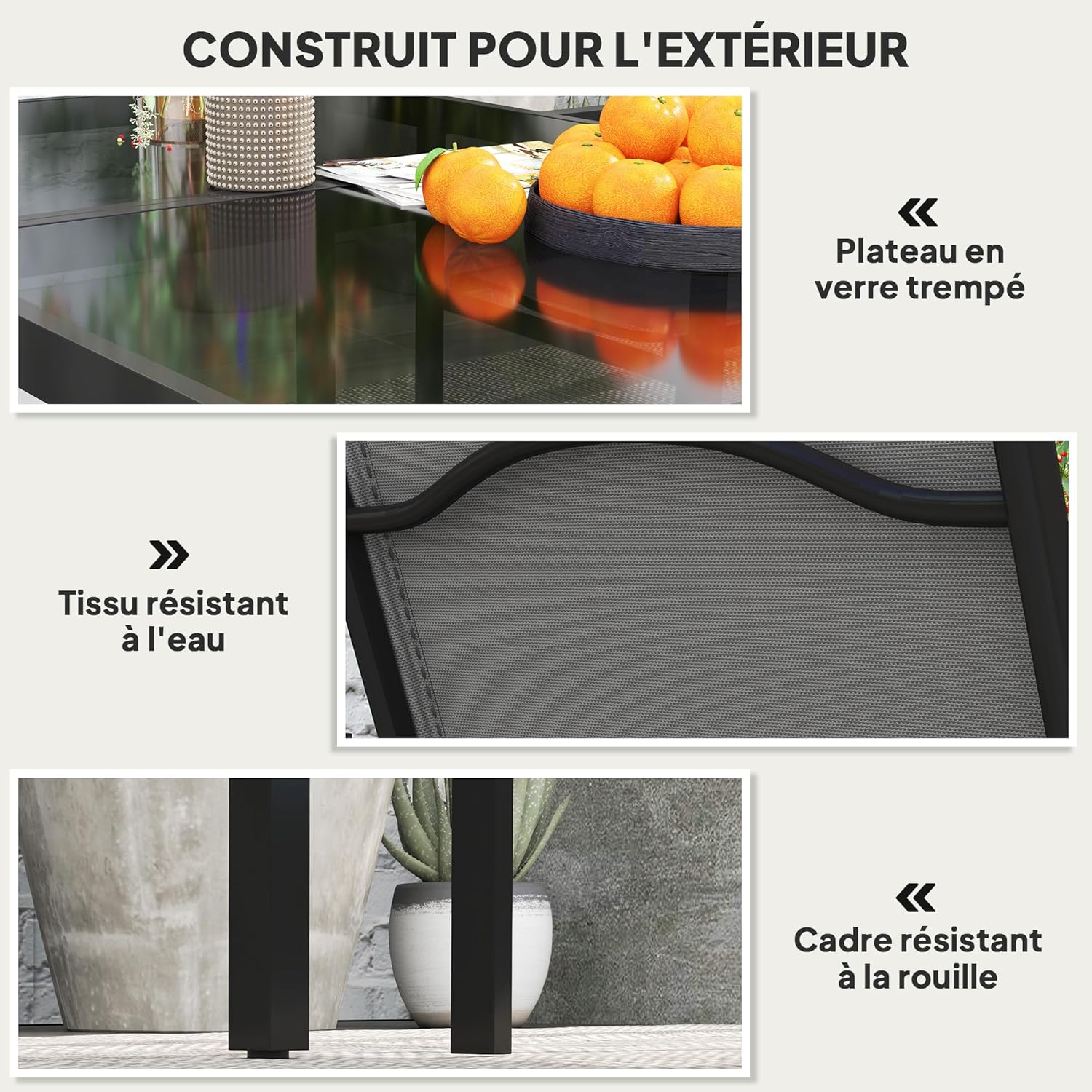 Outsunny - salon de jardin extérieur 4 places - table verre 140 cm, chaises empilables, noir