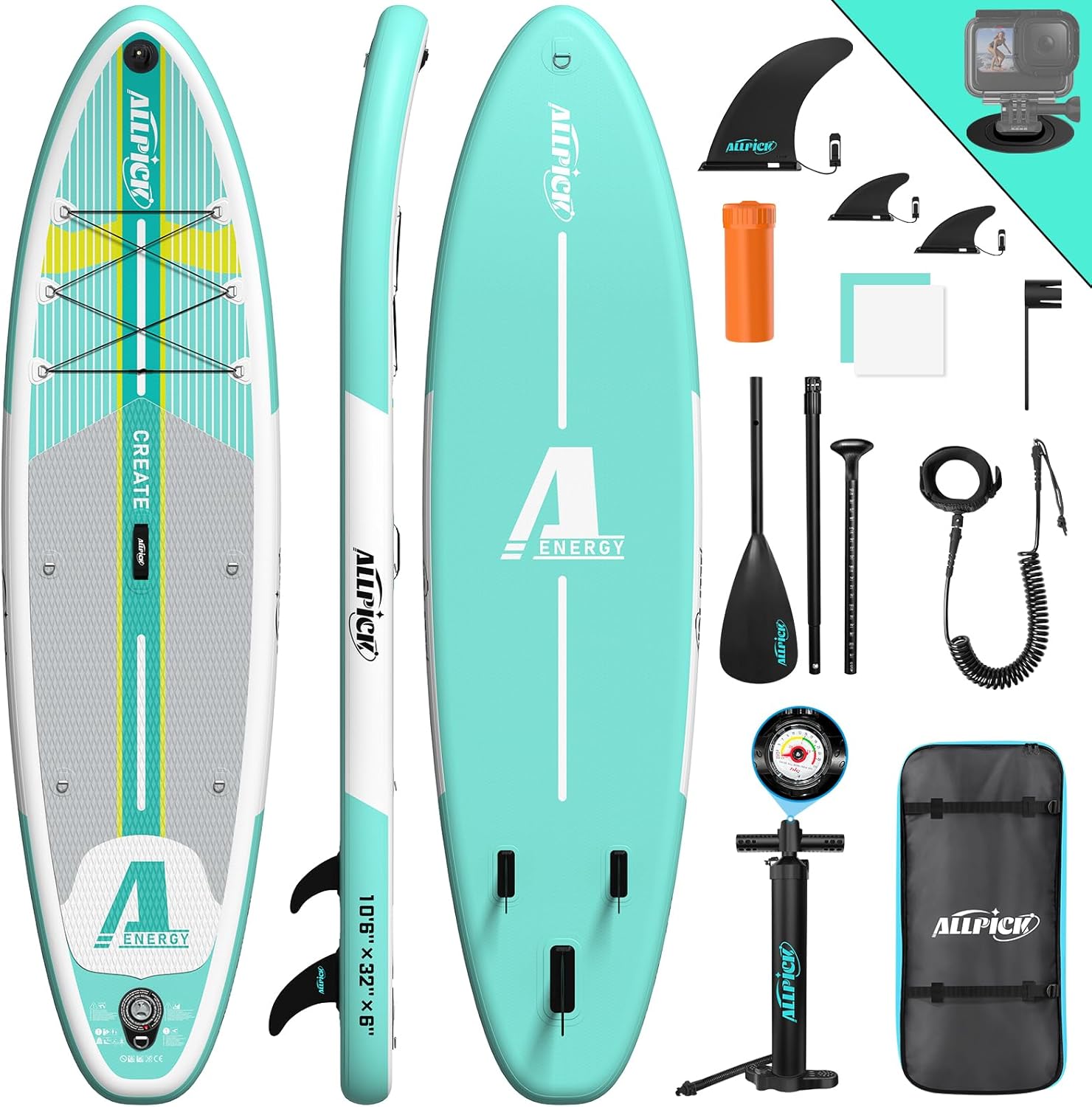 ALLPICK Paddle Gonflable, Kit de Padelsurf de Stand Up Paddle Sup Gonflable de 320 cm, avec Support Universel pour Caméra, Pagaie réglable, Débutants et confirmés, 200 kg