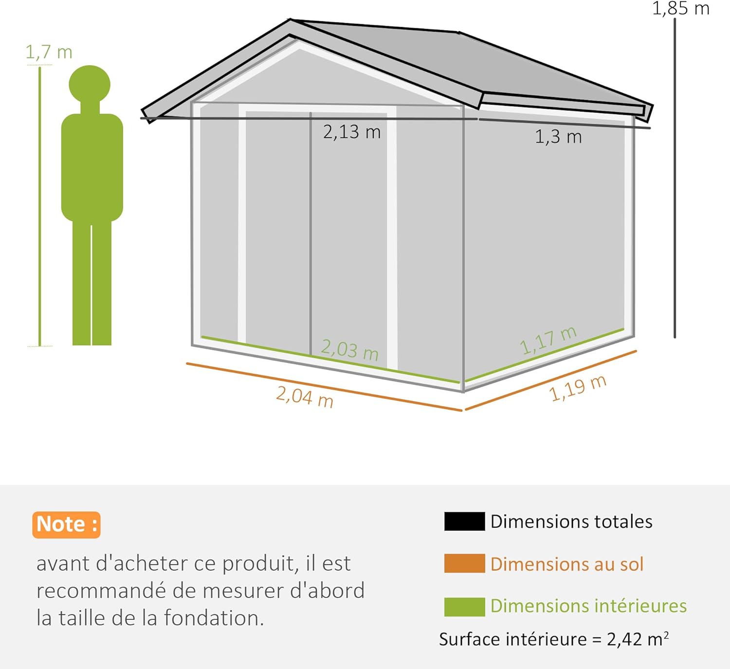 Outsunny - abri de jardin métal 2,77m², porte coulissante, aération, 213x130x185cm