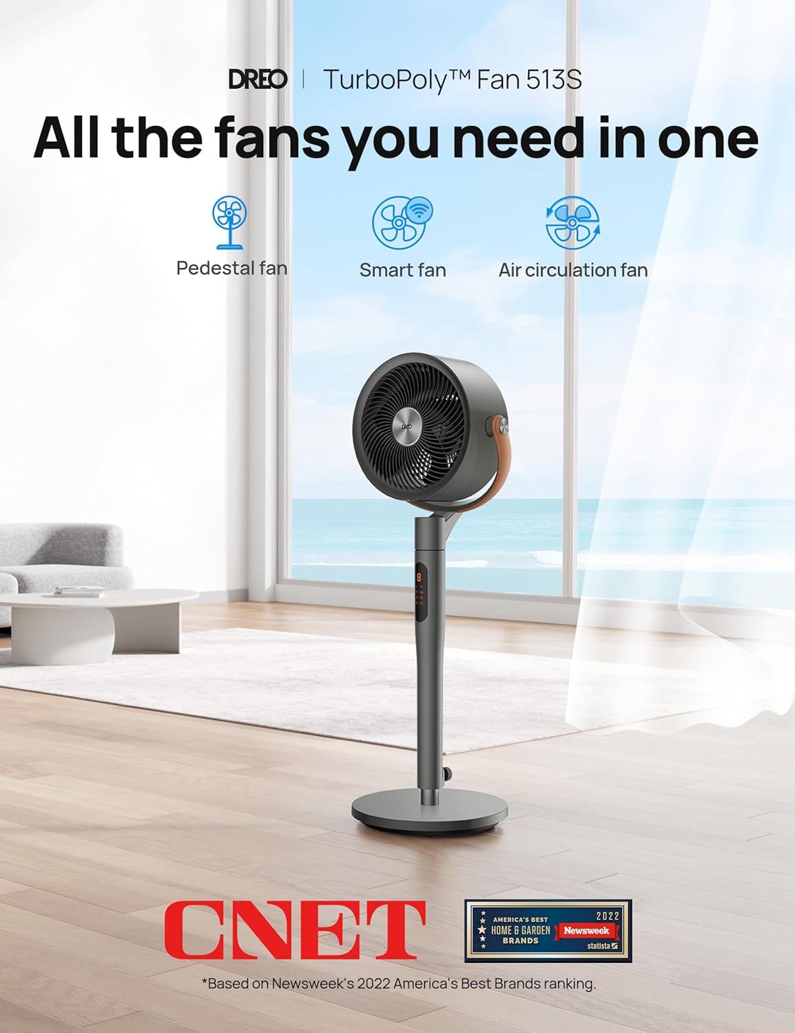DREO Pedestal Fan with Remote, PolyFan 513S, 43'' Quiet Standing Fan for Home Bedroom, 120°+105° Smart Oscillating Floor Fans with Wi-Fi/Voice Control, Works with Alexa/Google, 6 Modes, 8 Speeds