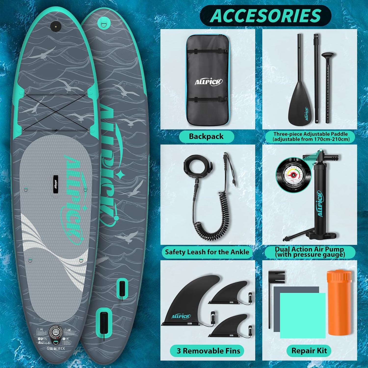 ALLPICK - Paddle gonflable 320cm - support caméra, 200kg, débutant SUP320