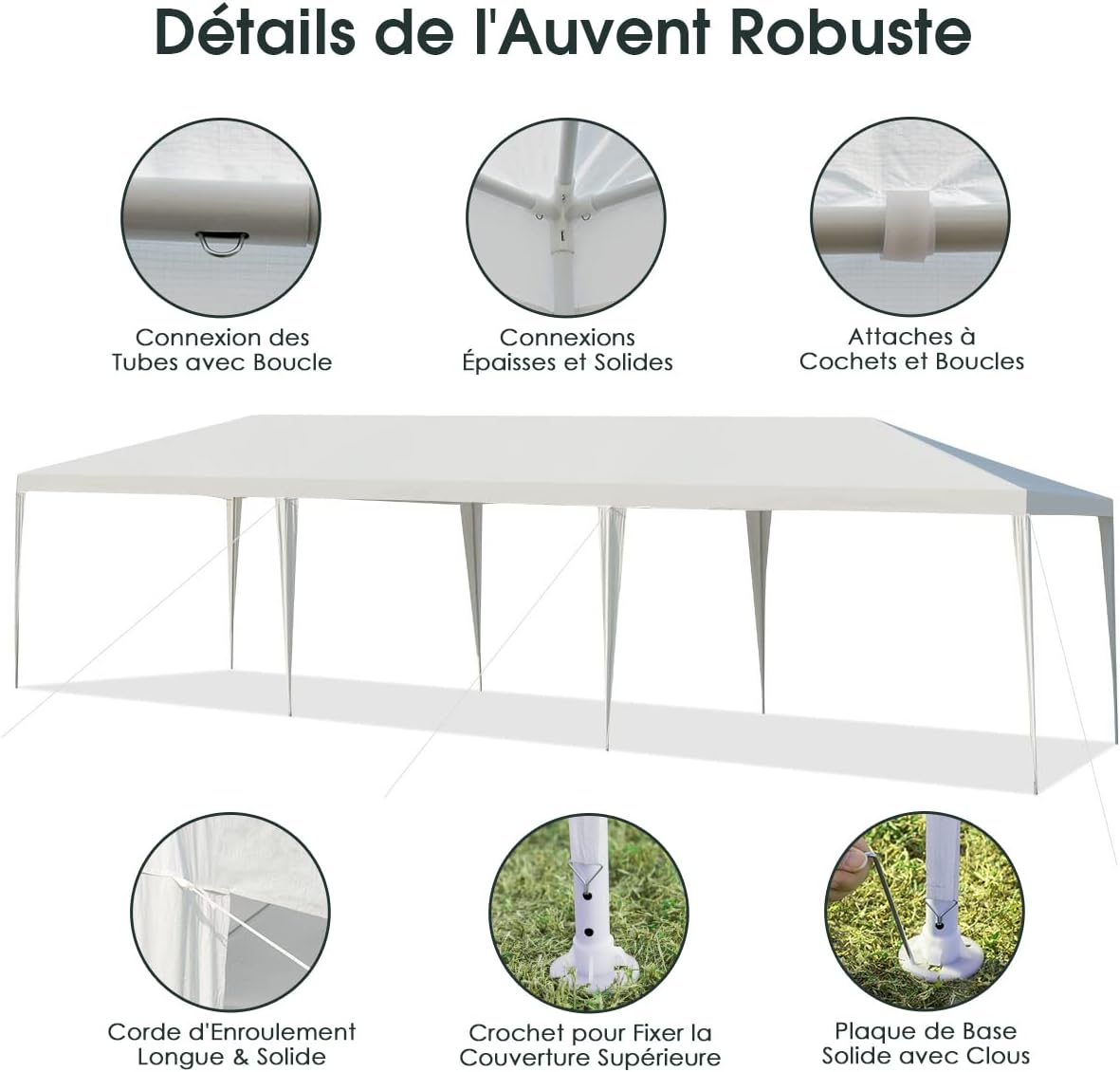 COSTWAY - Tonnelle jardin 3x9m, étanche, métal, 8 cordes, 16 piquets