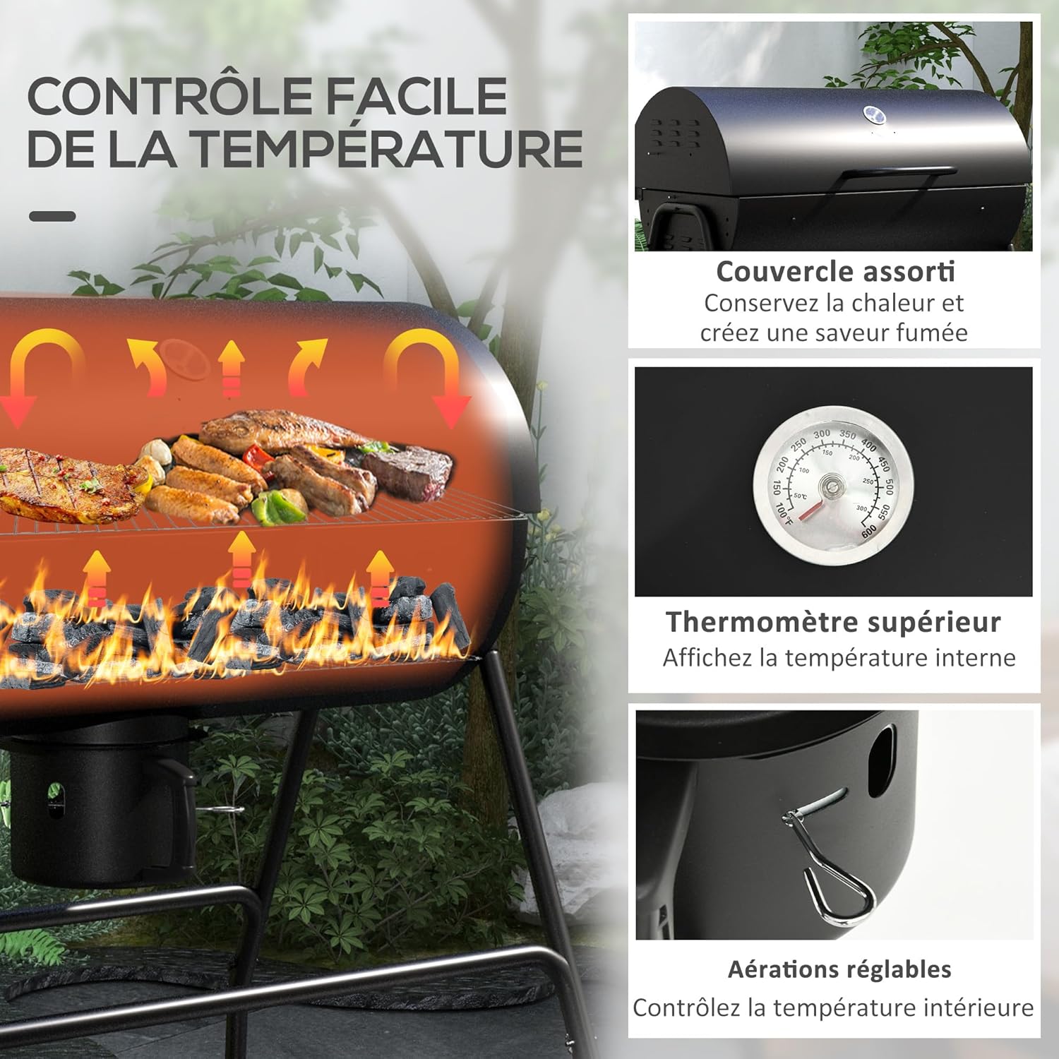 Outsunny - barbecue charbon de bois, 95x71,5x102cm, couvercle, thermomètre, roues