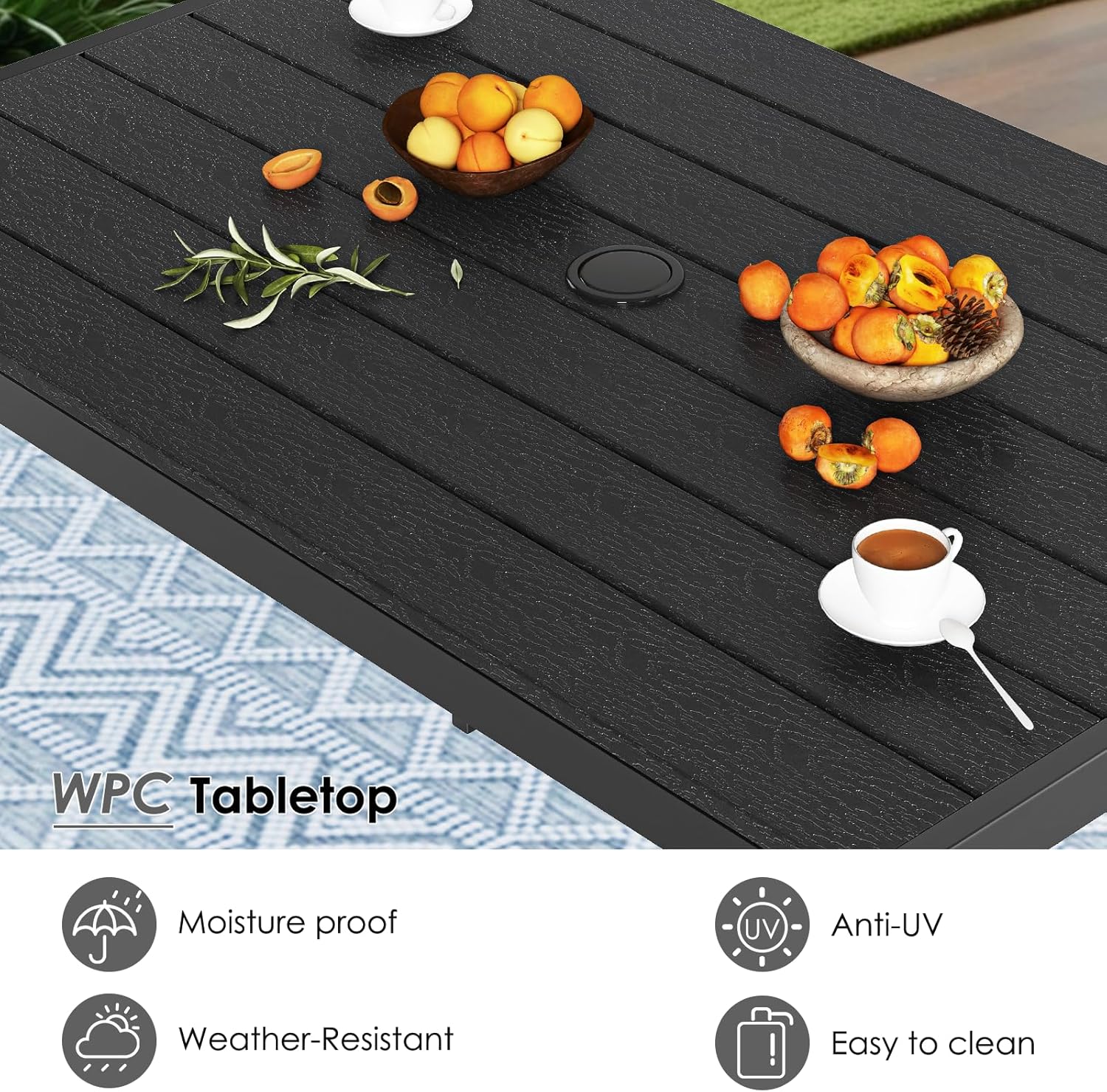 LIFERUN - Table de Jardin 110x70 cm avec Trou de Parasol, Résistante aux Intempéries, Élégante en Bois Effet Noir TW-110