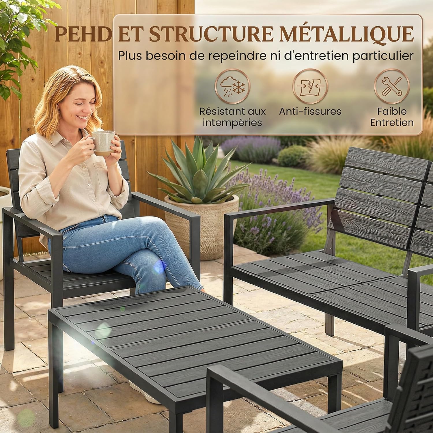 Outsunny - salon de jardin 4 pièces - canapé 2 places, table basse, fauteuils, noir