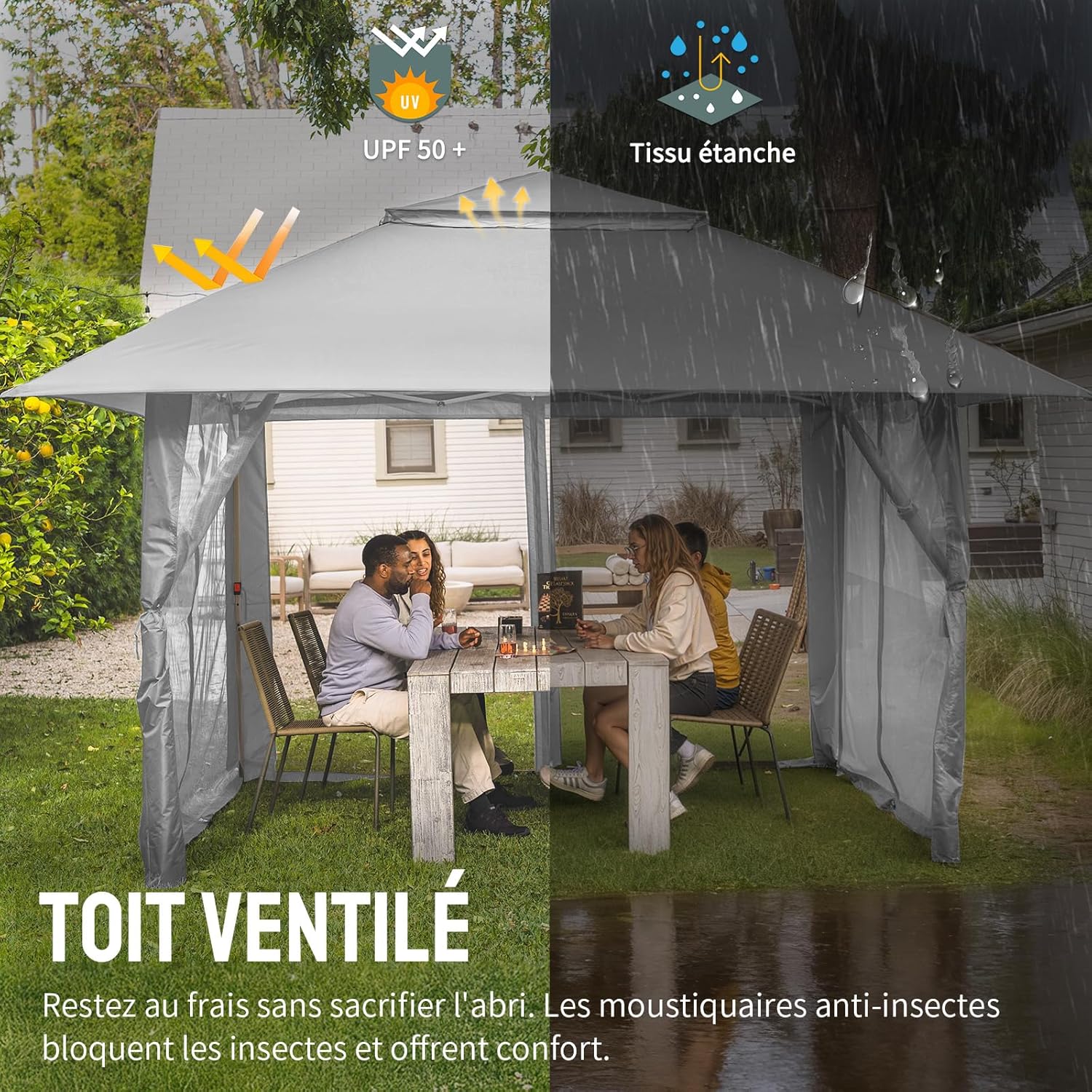 CROWN SHADES - tonnelle jardin pop up - 4x4 m - double toit, côtés maille, hauteur réglable