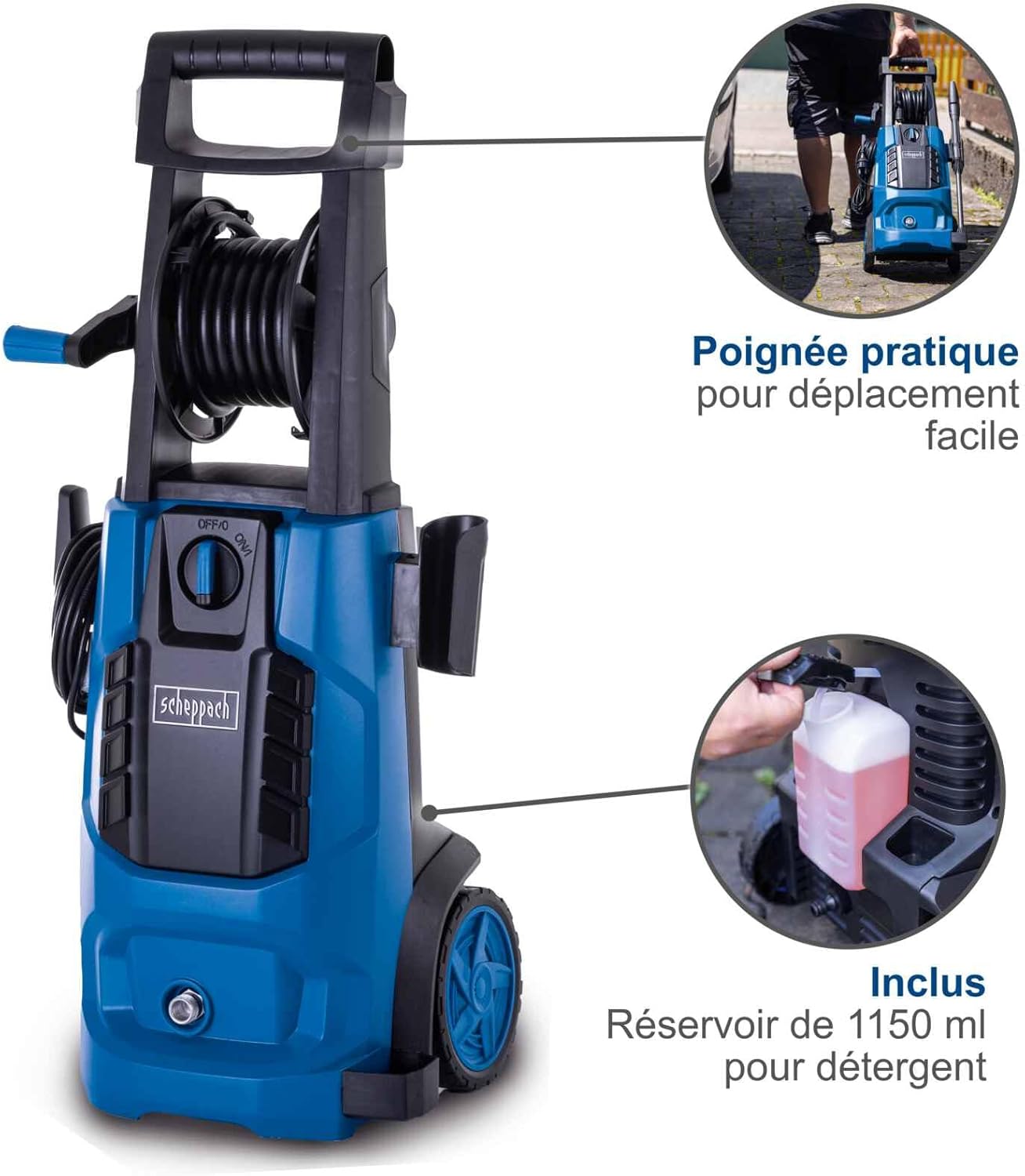 Scheppach - HCE2800 - 180 bars, 480 l/h, enrouleur, 5m tuyau, brosse terrasse
