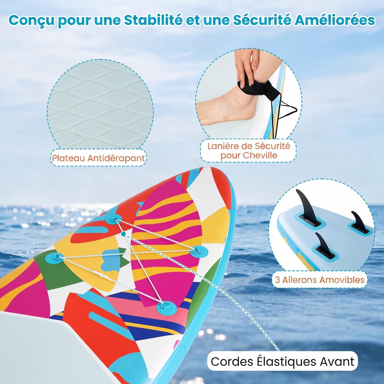 HOMASIS - Planche à Pagaie Gonflable - 336x77x16 cm - Pagaie réglable, pompe, 3 ailerons, accessoires, HOMASIS336x77x16