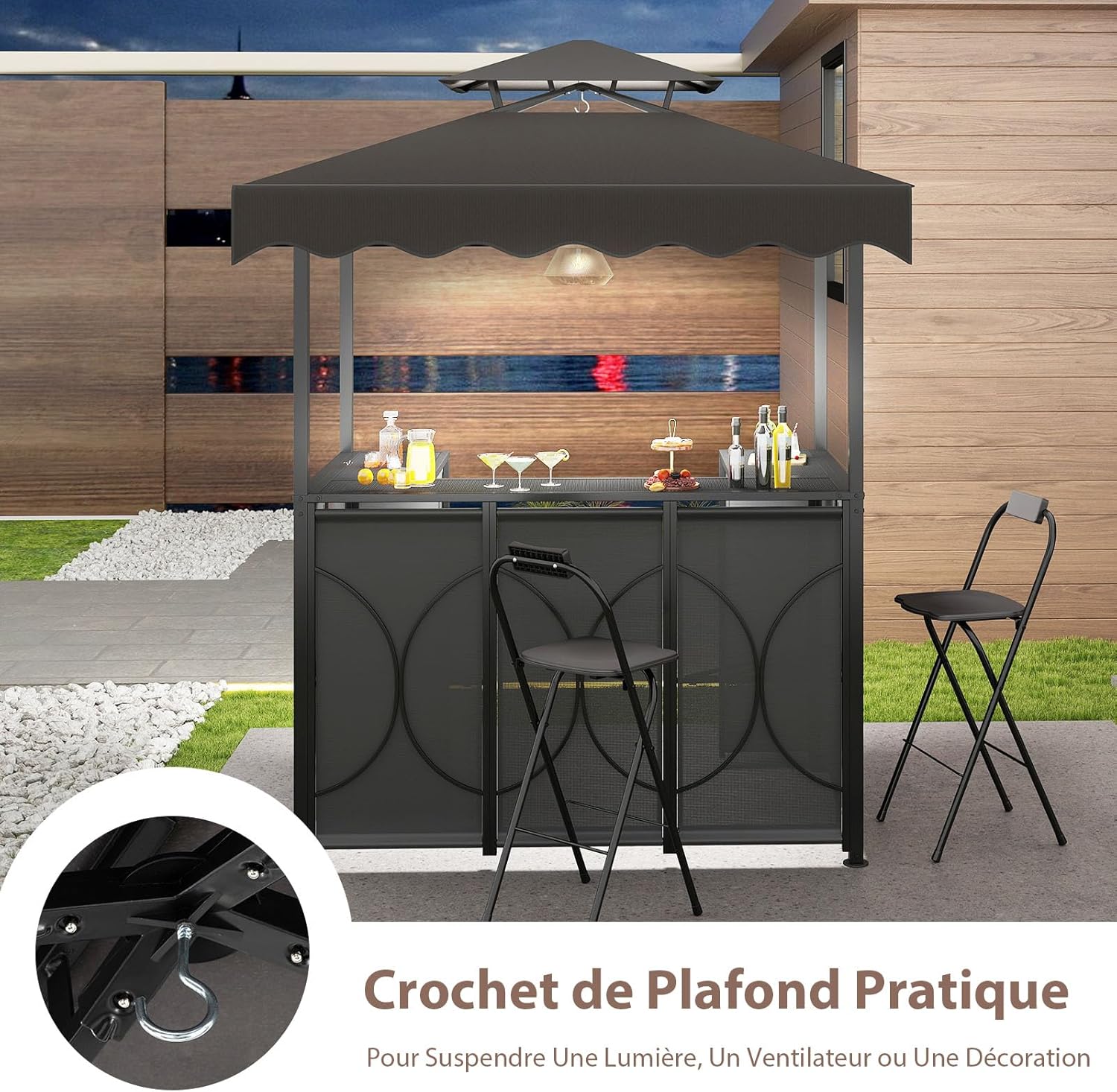 COSTWAY - Tonnelle barbecue 3 pcs - table/bar étagères métal, chaises pliables, auvent double toit, gris