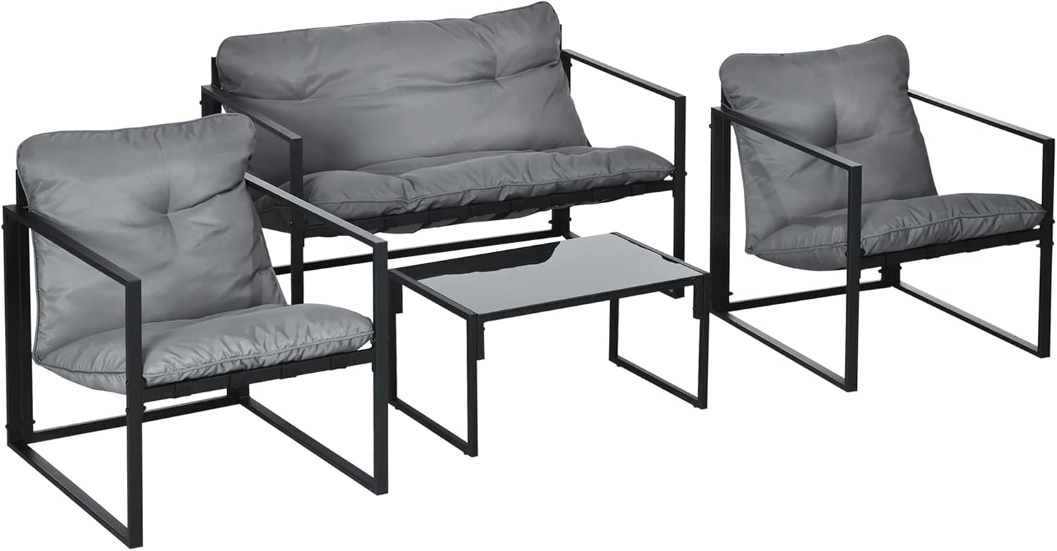 Outsunny - Salon bas 4 pièces - coussins 15cm, structure acier noir, canapé 2 places, table basse, fauteuils