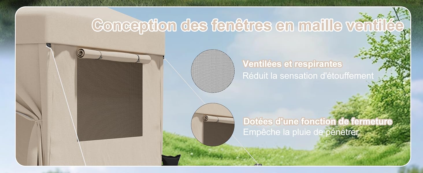 Le texte indique « Construction des fenêtres en maille ventilée ». Image promotionnelle du produit montrant les détails de l'installation d'une fenêtre en filet avec fonctions de ventilation et toile de fond de jardin extérieur.