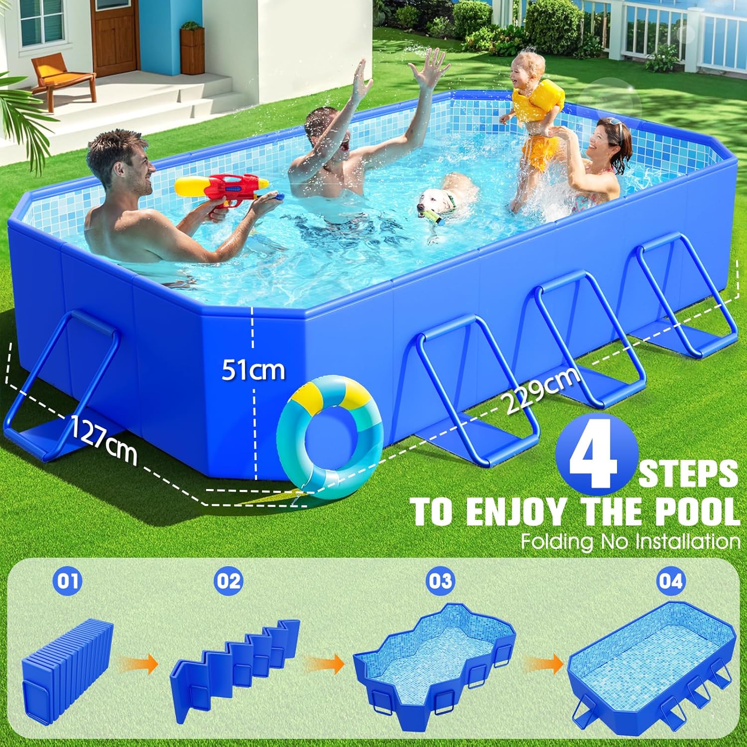 KingSom - Piscine Tubulaire Metal Frame - 229x127x51 cm - rectangulaire, surdimensionnée, pliable, facile à ranger