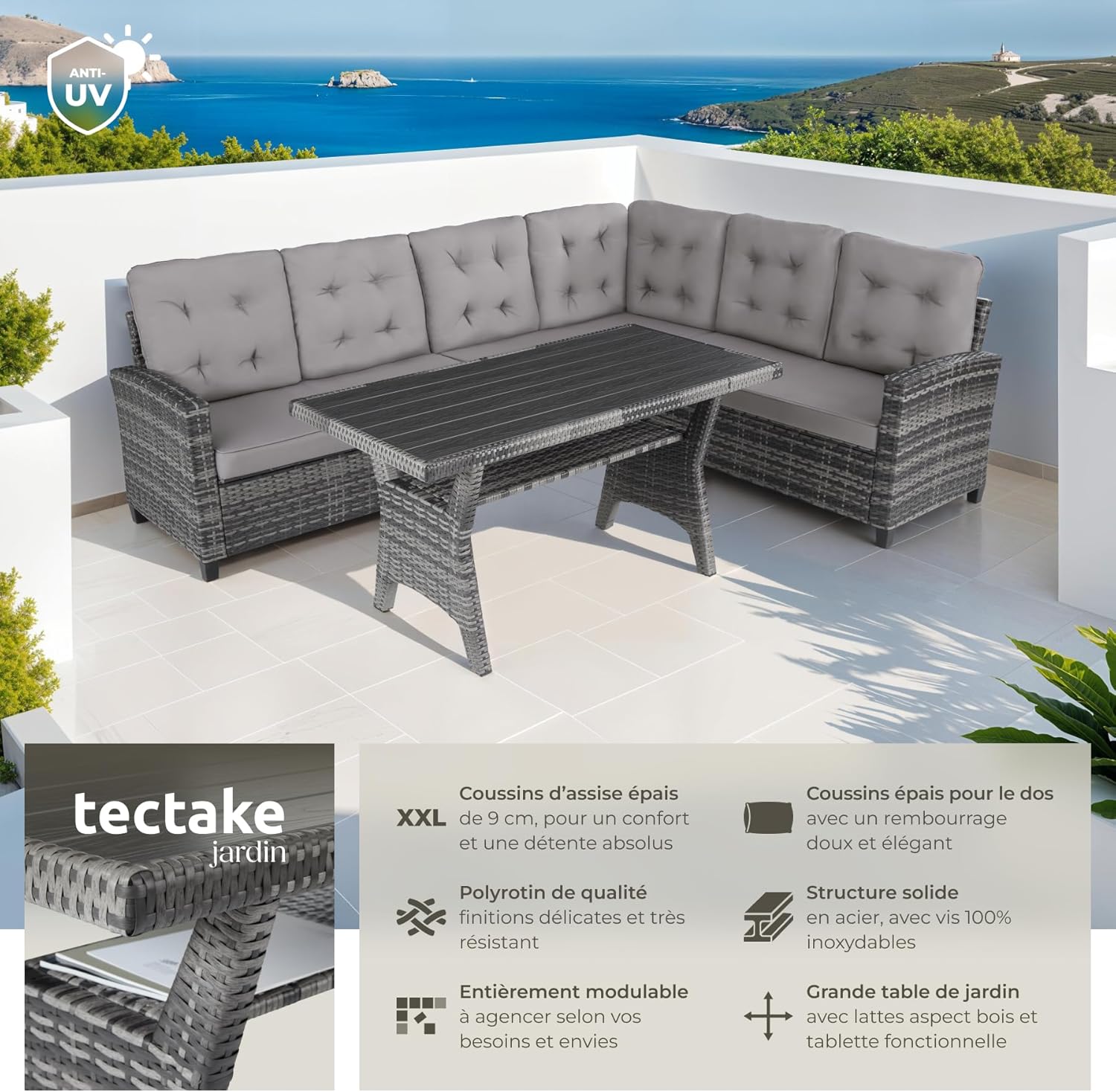 Tectake - salon de jardin XXL canapé 6 places table poly rotin rembourré