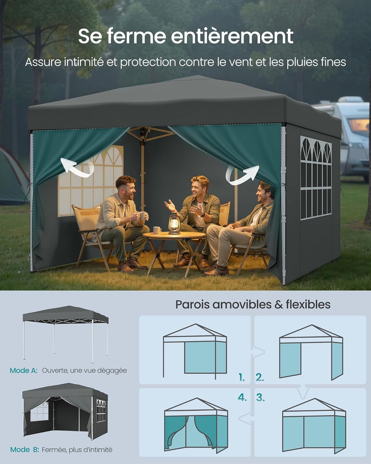 Tonnelle SONGMICS - Chapiteau pliable 3x3m - Protection solaire, résistante aux petites pluies, portable, avec parois la