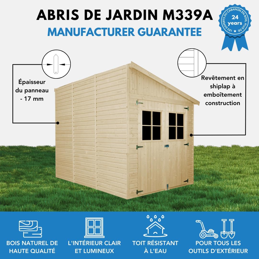 Abri de jardin bois naturel, paroi latérale, fenêtres, 6m², 244x218x318cm, TIMBELA M339A